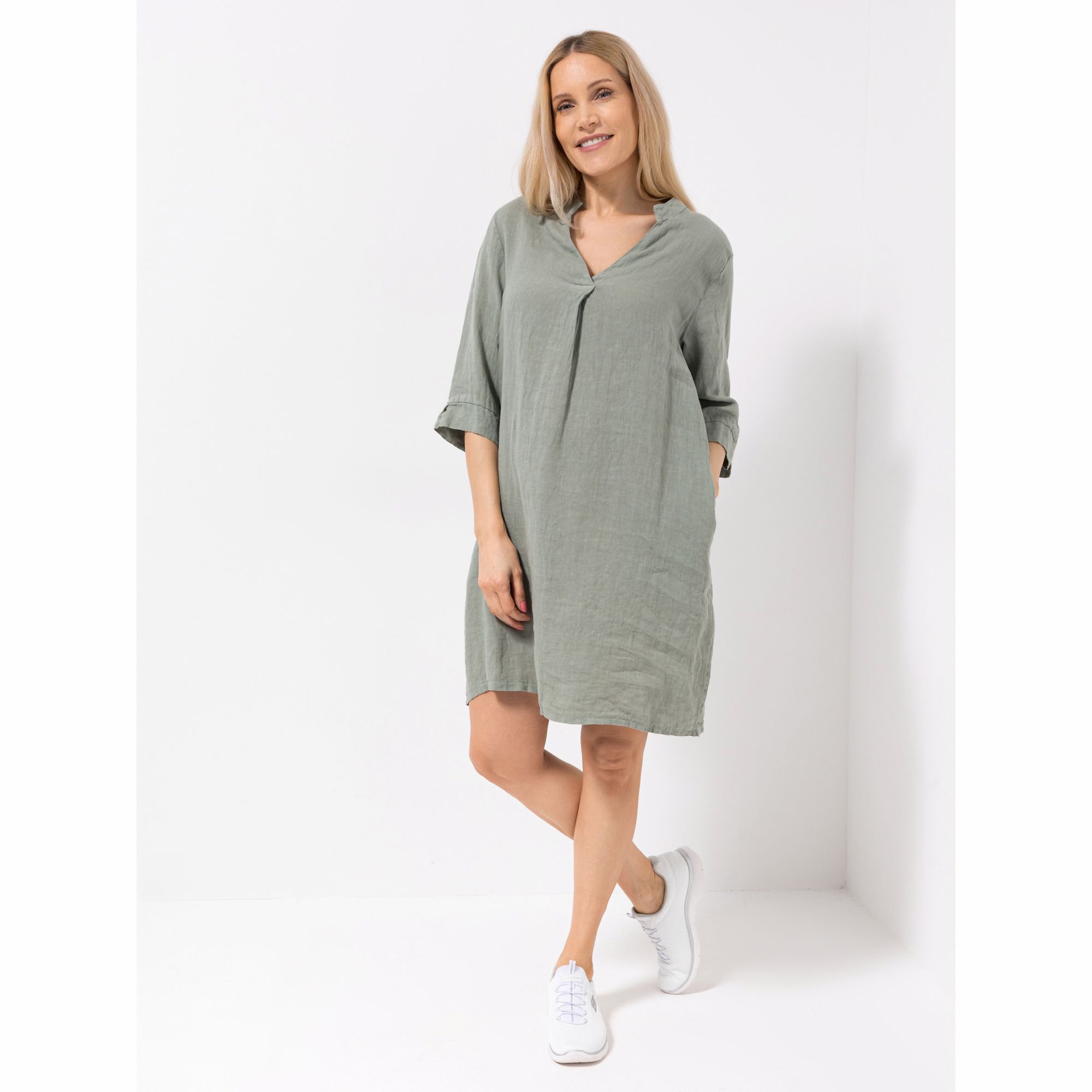 DINE 'N' DANCE Leinenkleid, 3/4-Arm V-Ausschnitt Kellerfalte leger weit