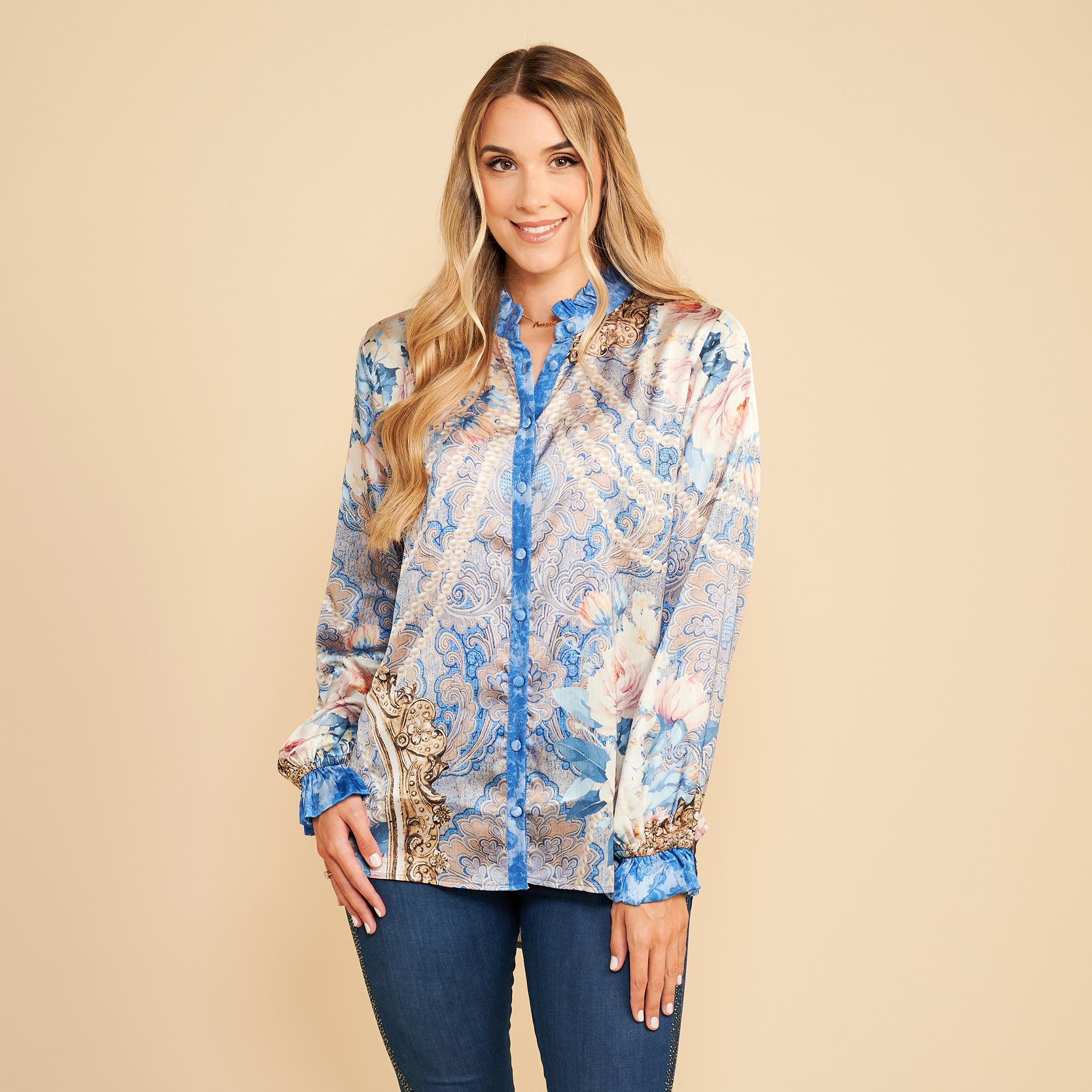 SCHIFFHAUER MUNICH® Bluse, Rüsche am Ärmelsaum Knopfleiste figurumspielend