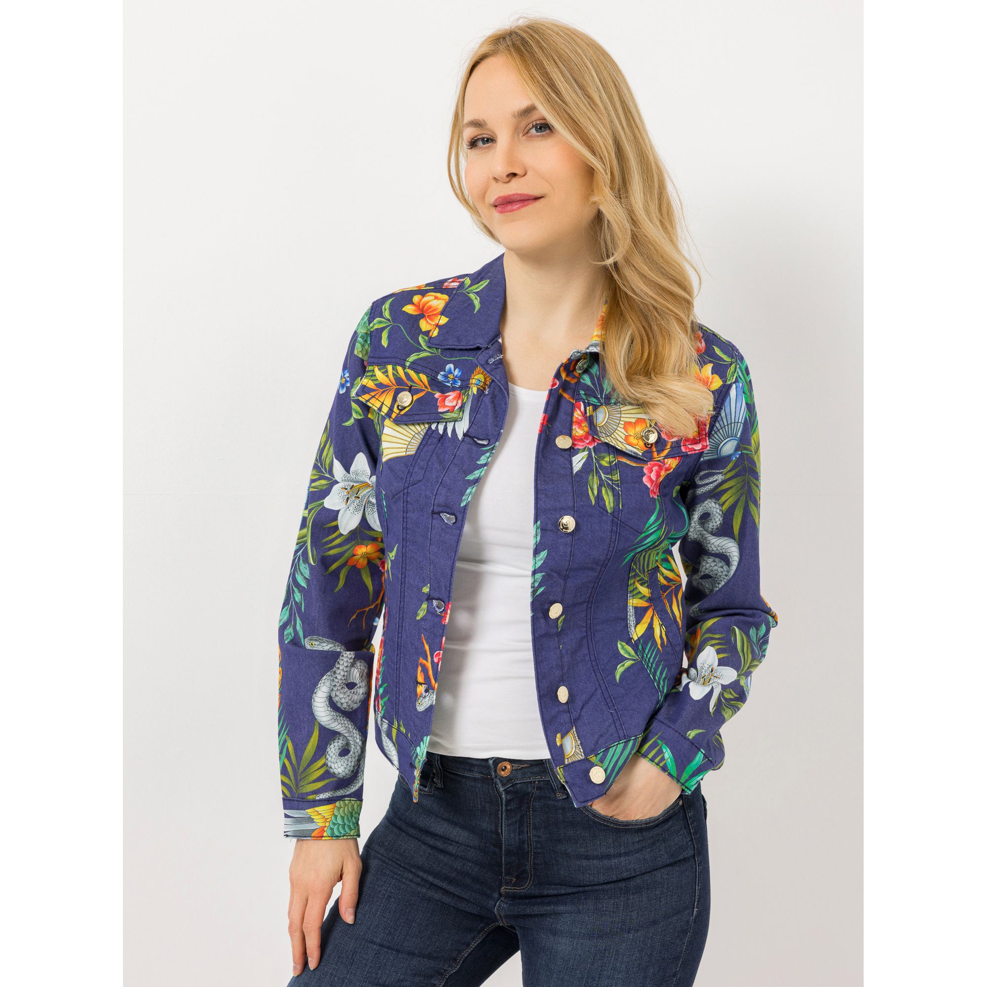 ANNI FOR FRIENDS Jeansjacke Brusttaschen Allover-Druck figurbetont