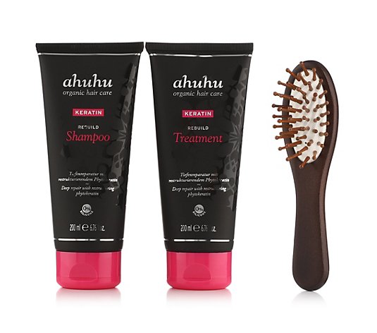 ahuhu organic hair care Keratin Shampoo 200ml & Treatment 200ml inkl. Travel Brush