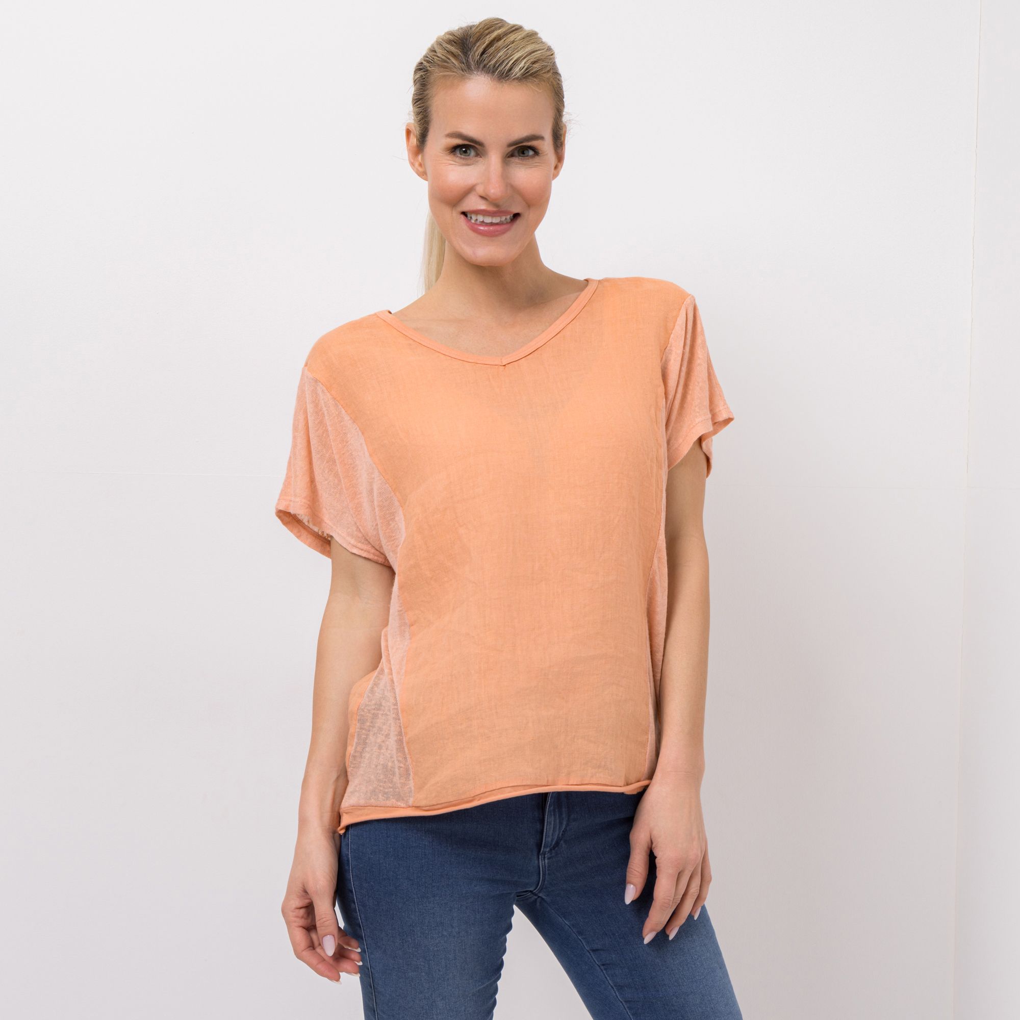 DINE 'N' DANCE Blusenshirt, 1/2-Arm Rollkante am Saum V-Ausschnitt leger weit