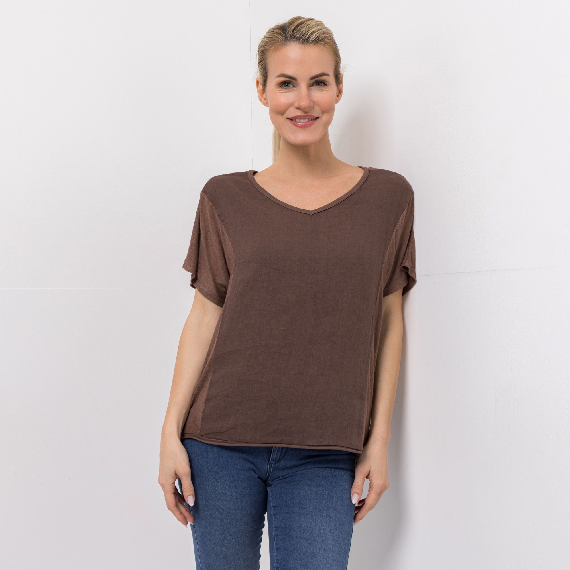 DINE 'N' DANCE Blusenshirt, 1/2-Arm Rollkante am Saum V-Ausschnitt leger weit