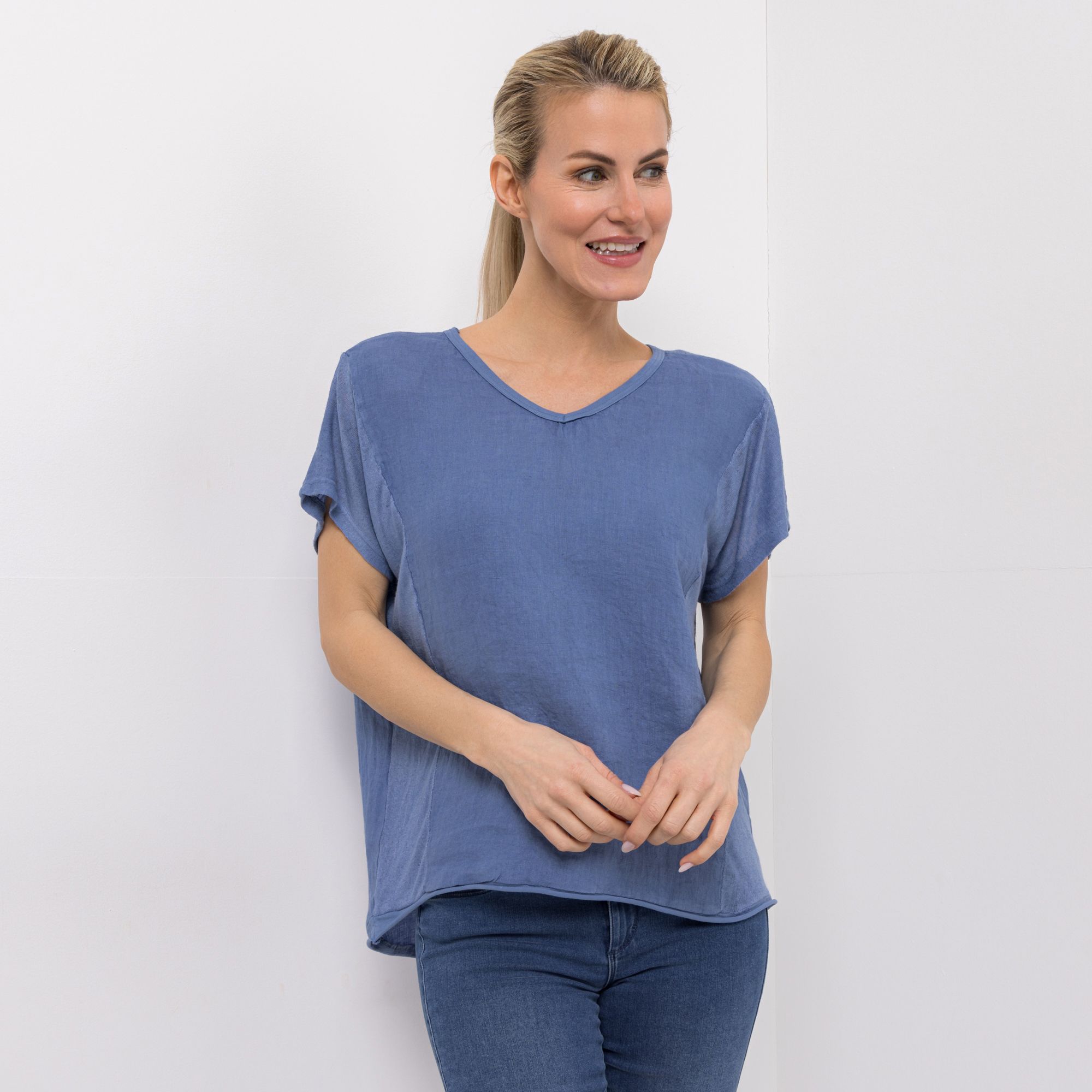 DINE 'N' DANCE Blusenshirt, 1/2-Arm Rollkante am Saum V-Ausschnitt leger weit