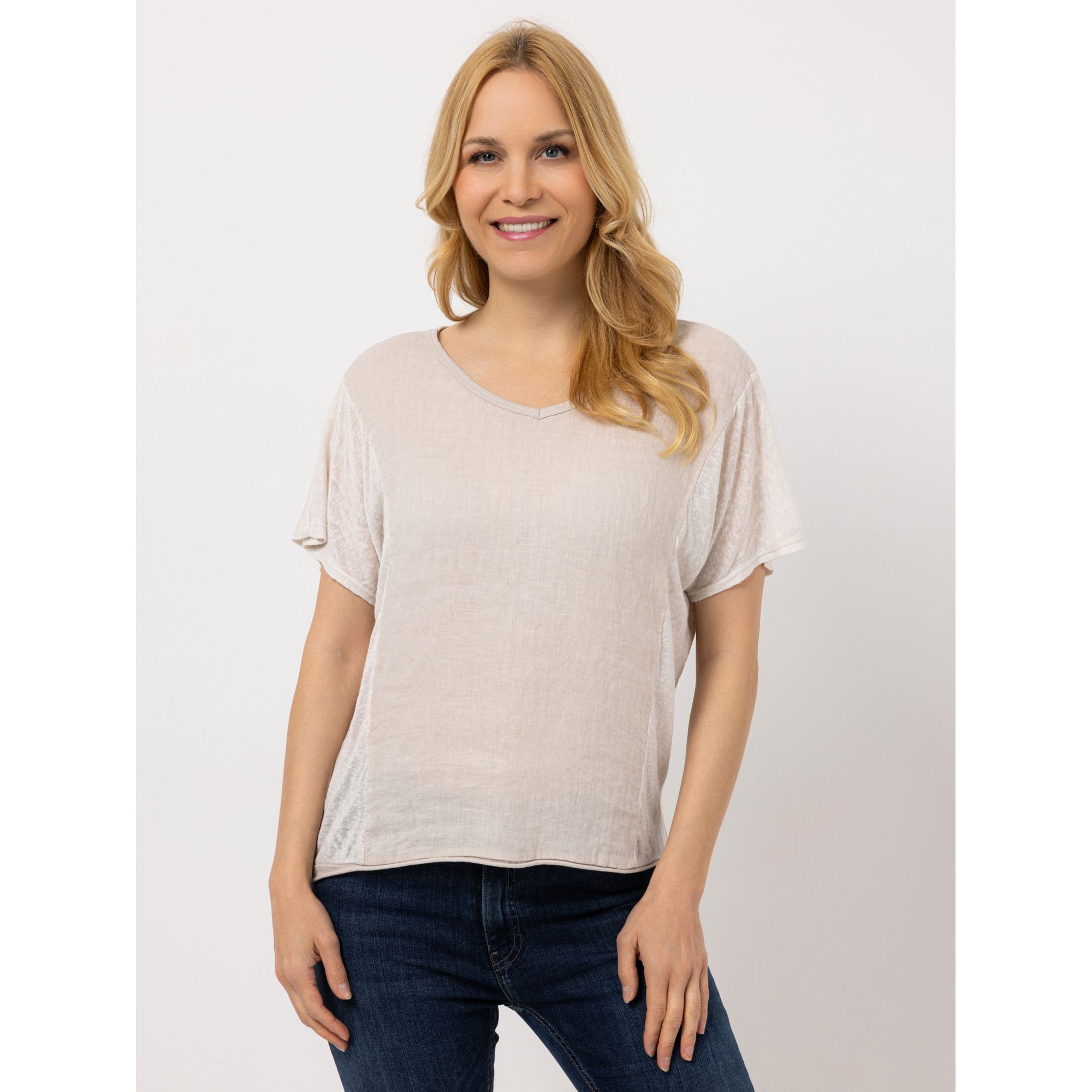 DINE 'N' DANCE Blusenshirt, 1/2-Arm Rollkante am Saum V-Ausschnitt leger weit