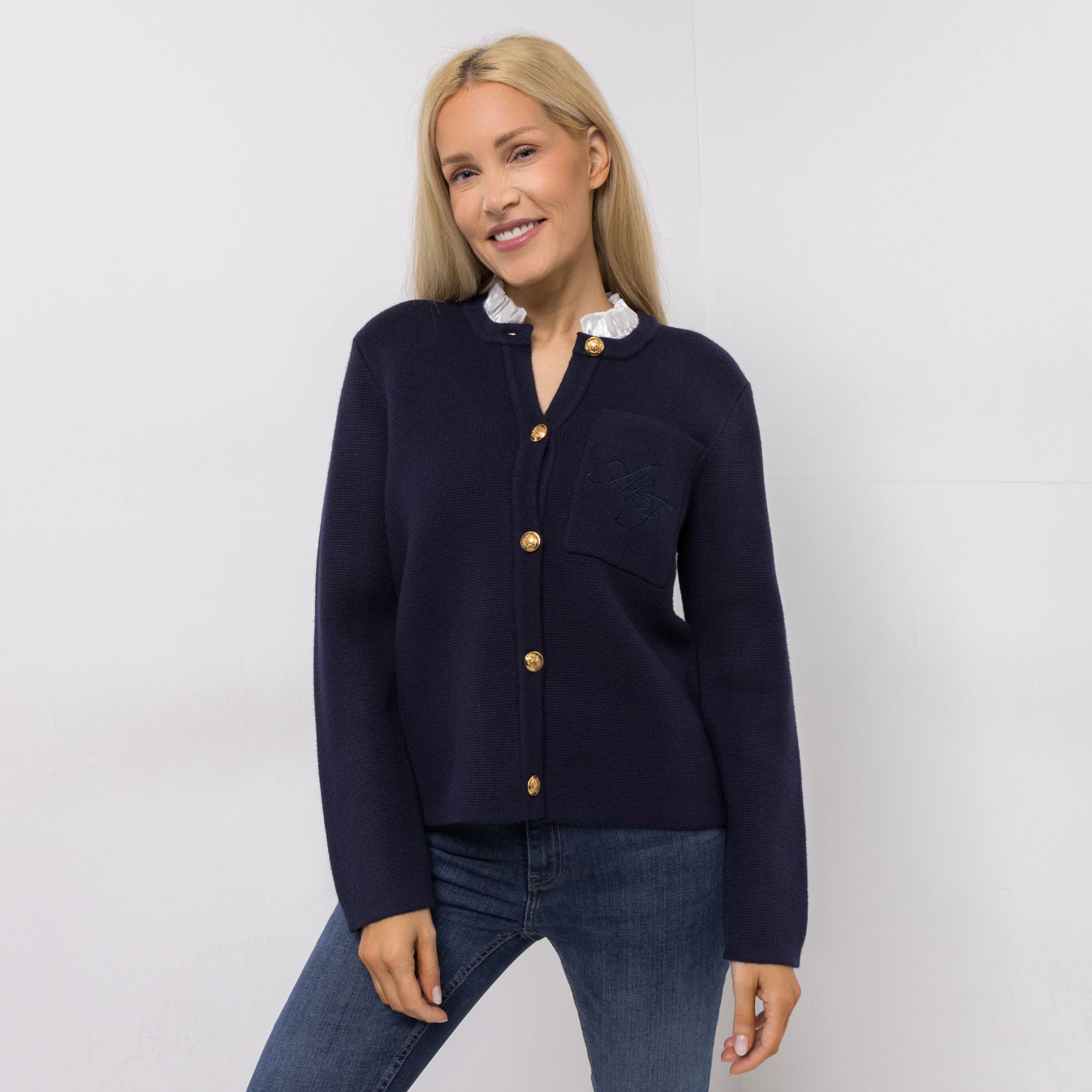 ANNI FOR FRIENDS Cardigan, 1/1-Arm Knopfleiste Zierkragen leger weit