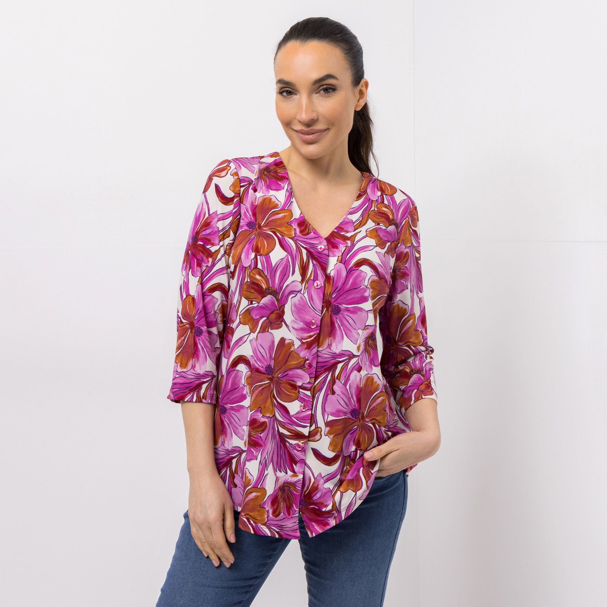 KIM & CO. Blusen-Shirt, 3/4 Arm Brazil Knit Jersey Knopfleiste figurumspielend