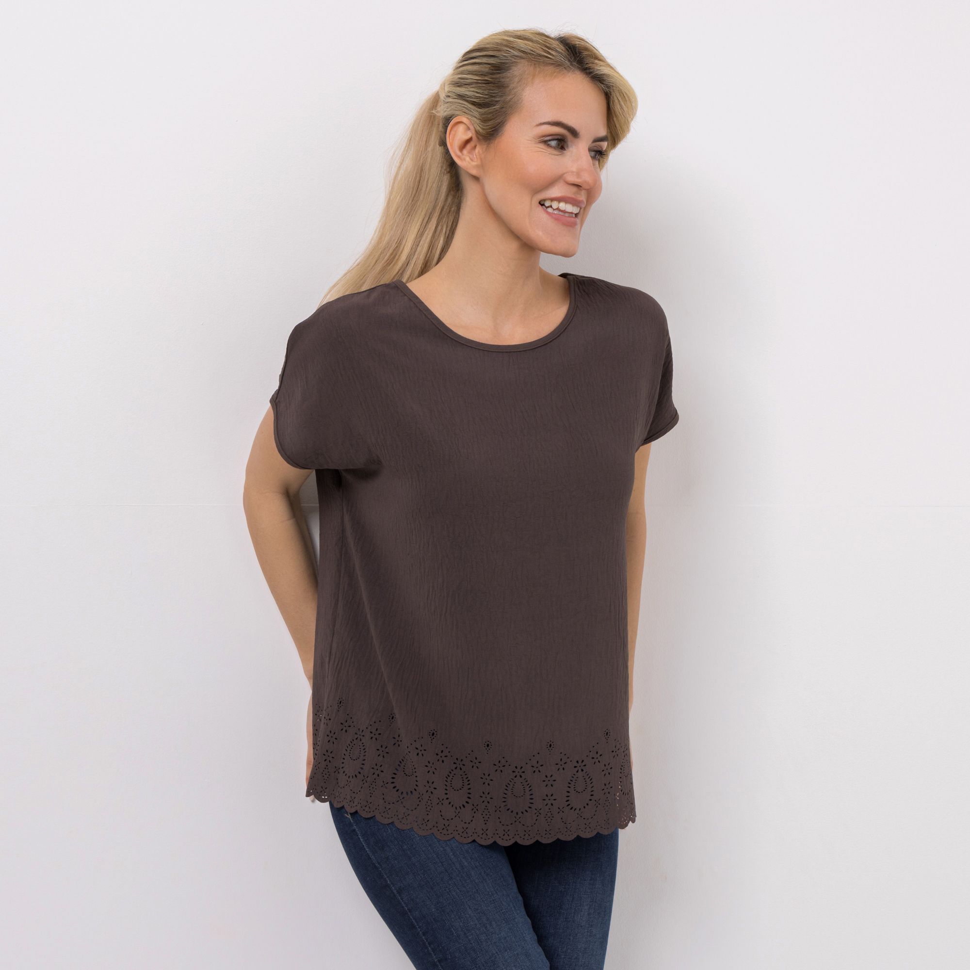 KIM & CO. Bluse, 1/2-Arm Struktur-Popeline Bordüre: Lochmuster figurumspielend