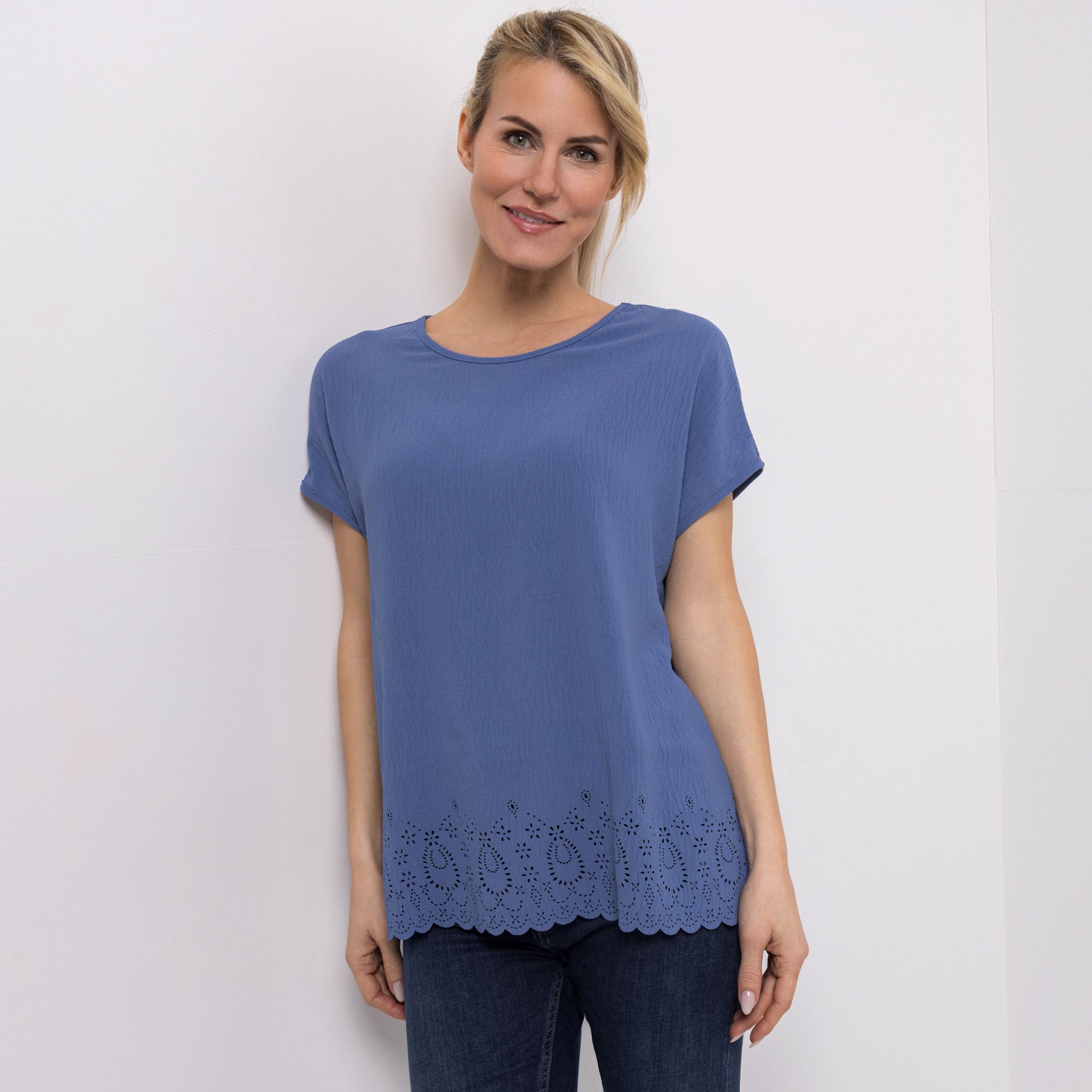 KIM & CO. Bluse, 1/2-Arm Struktur-Popeline Bordüre: Lochmuster figurumspielend