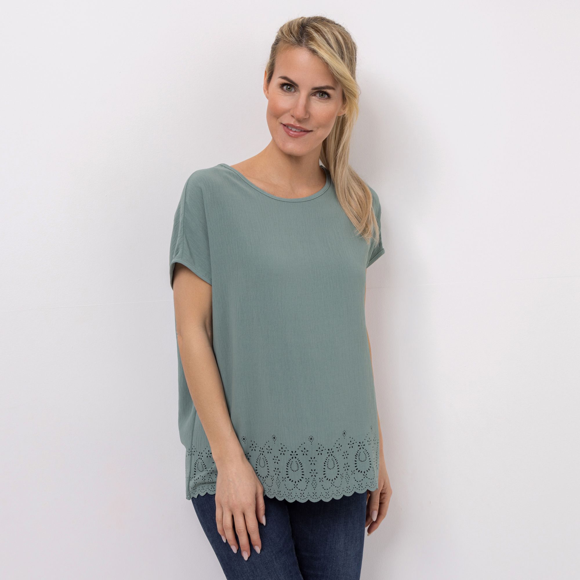 KIM & CO. Bluse, 1/2-Arm Struktur-Popeline Bordüre: Lochmuster figurumspielend