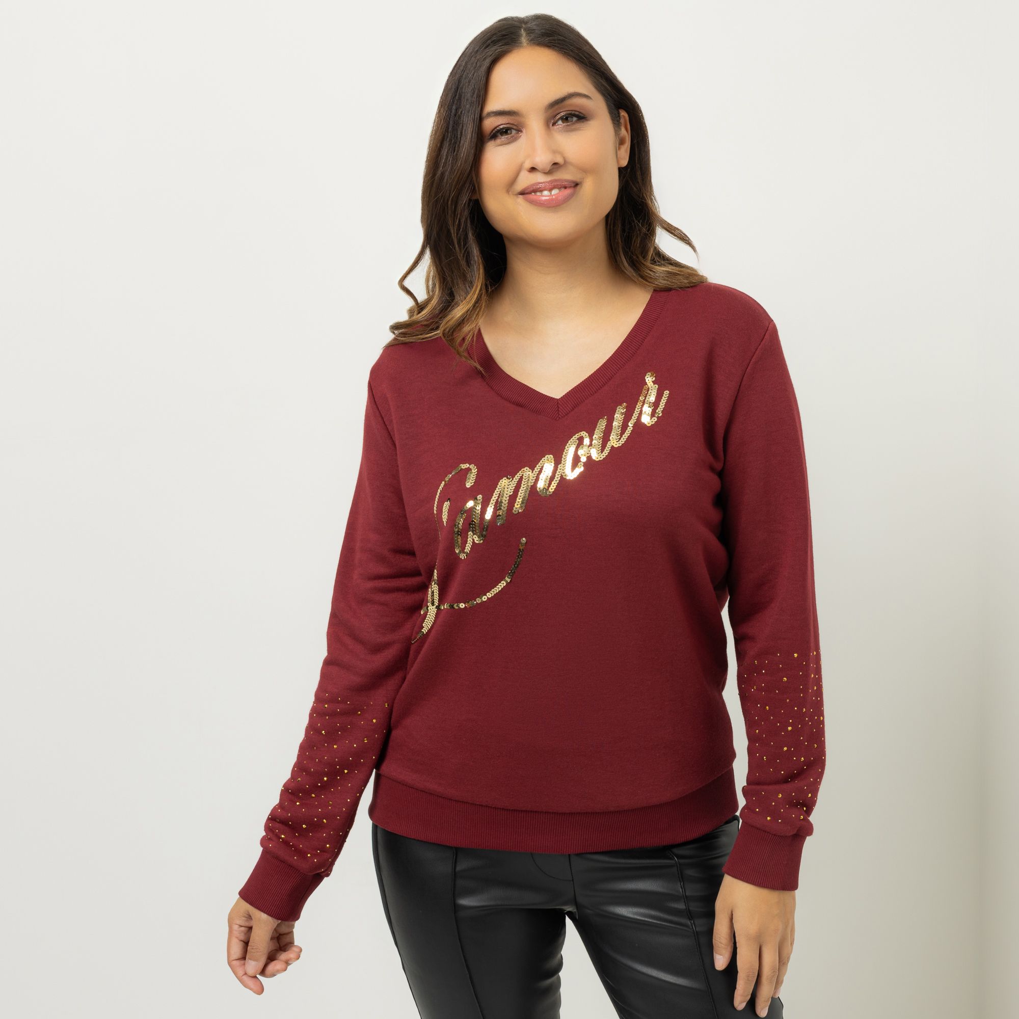 SCHIFFHAUER MUNICH® Sweatshirt, langarm V-Ausschnitt Pailettenschriftzug figurumspielend