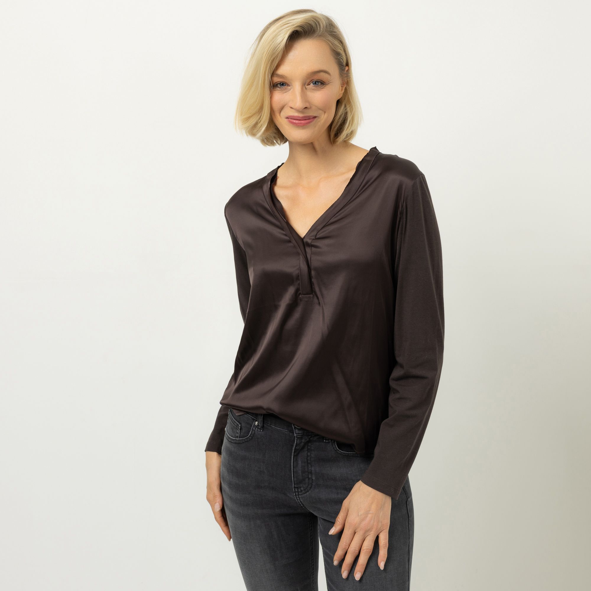 ANNA VON GRIESHEIM Blusenshirt, langarm Serafino-Ausschnitt offene Nähte figurumspielend