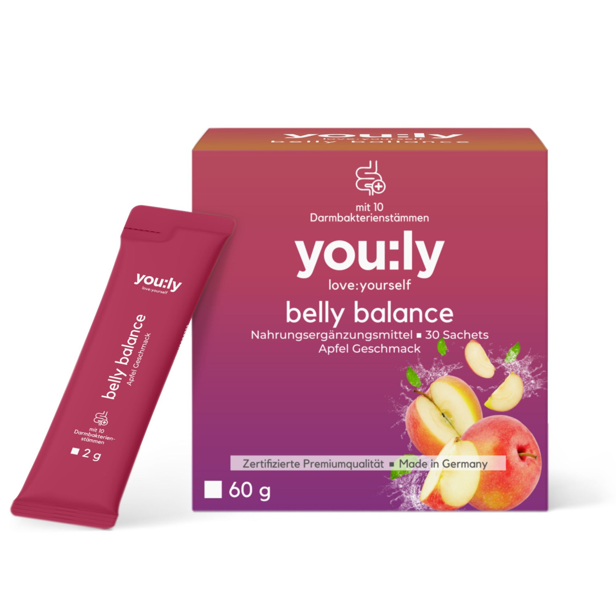 you:ly Belly Balance Sticks mit Bakterienmischung Zink, Vitamin B3 30 Sachets, 30 Tage
