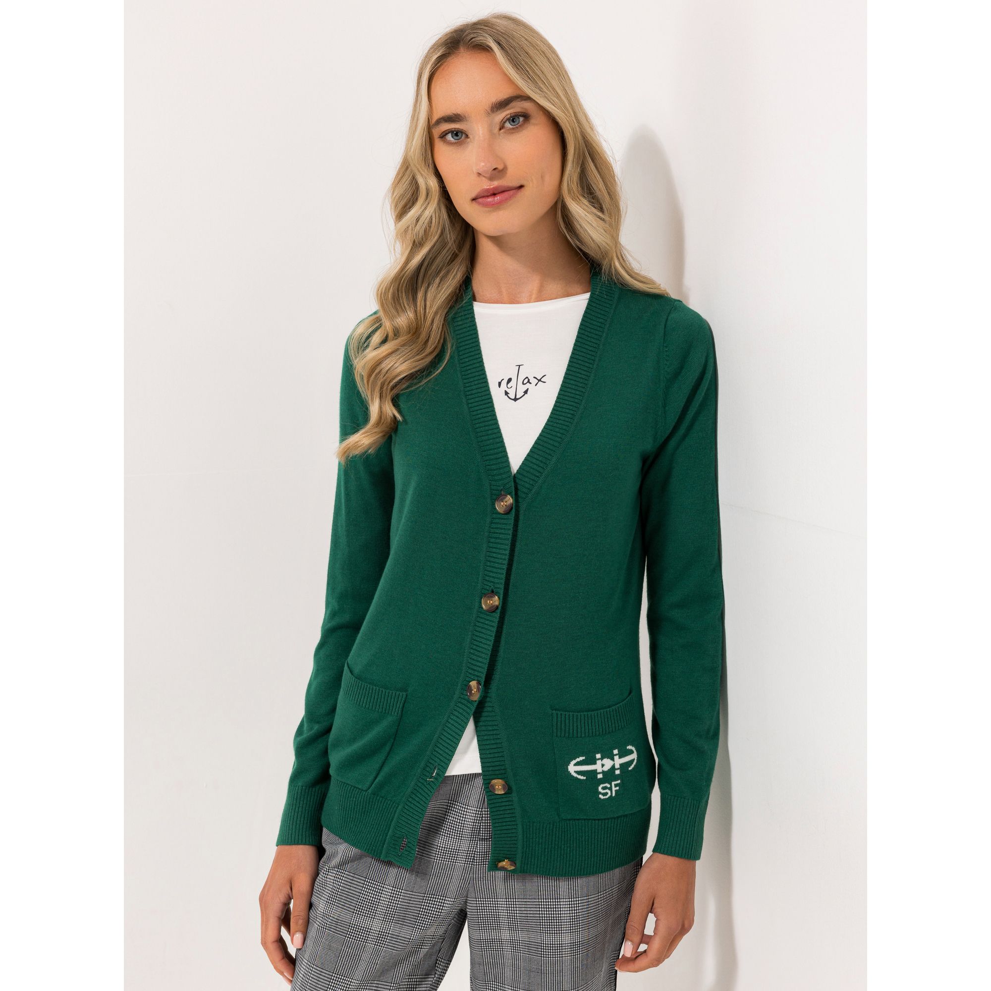 STRANDFEIN Cardigan V-Ausschnitt Logo-Intarsie figurumspielend