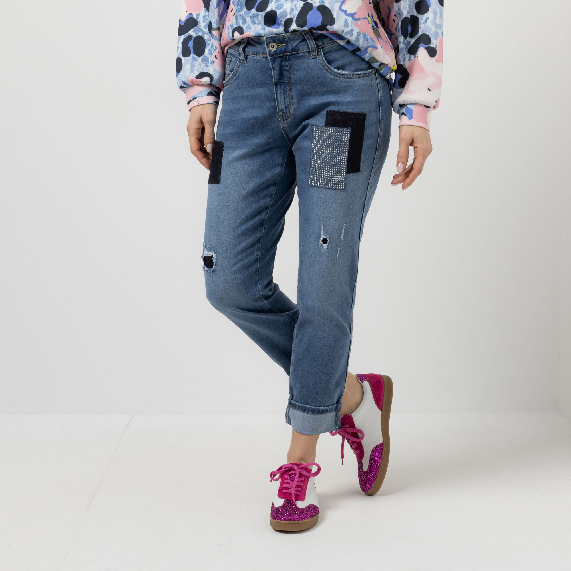 DINE 'N' DANCE Jeanshose Boyfriend 7/8 Länge Patches 5-Pocket