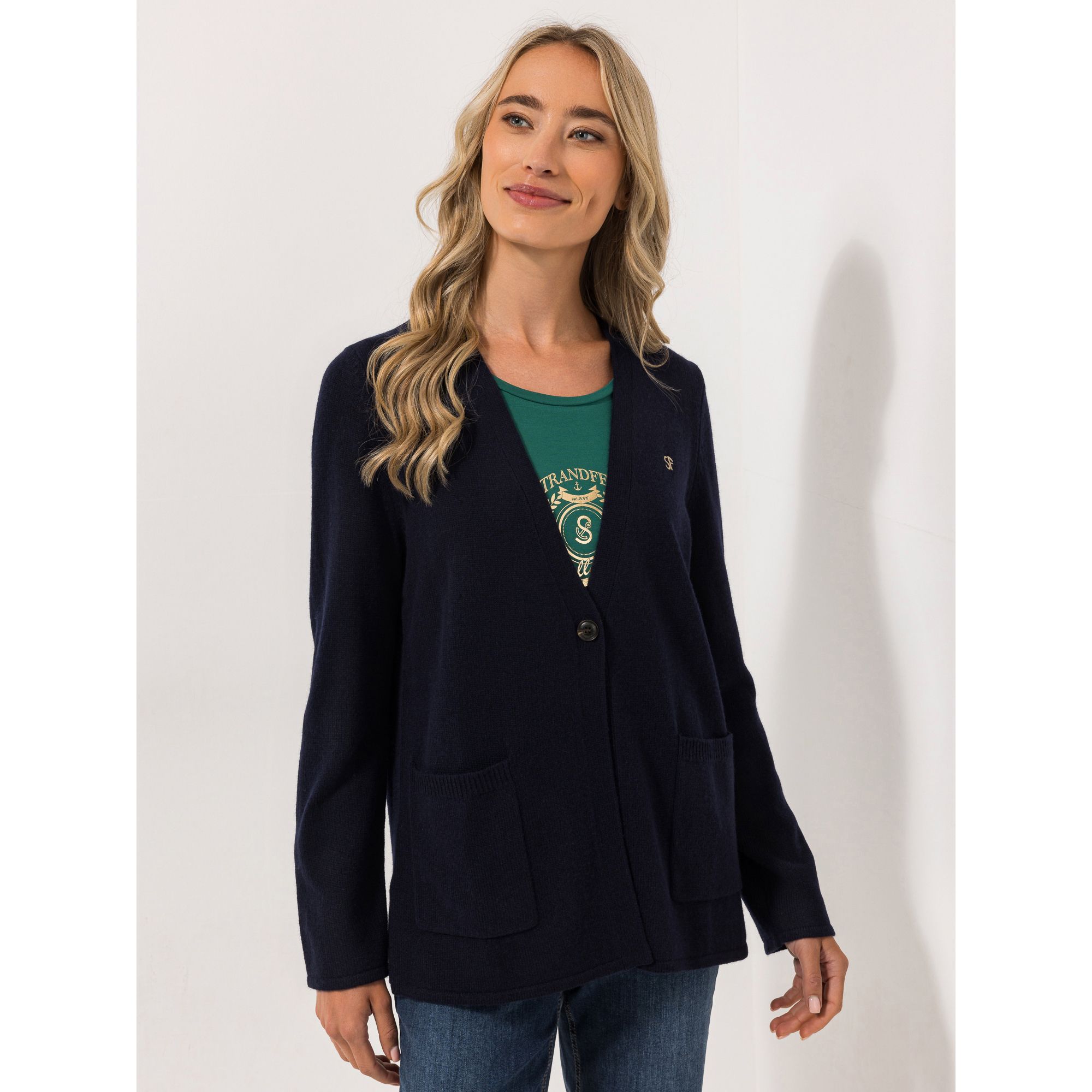 STRANDFEIN Cardigan V-Ausschnitt aufgesetzte Taschen leger weit