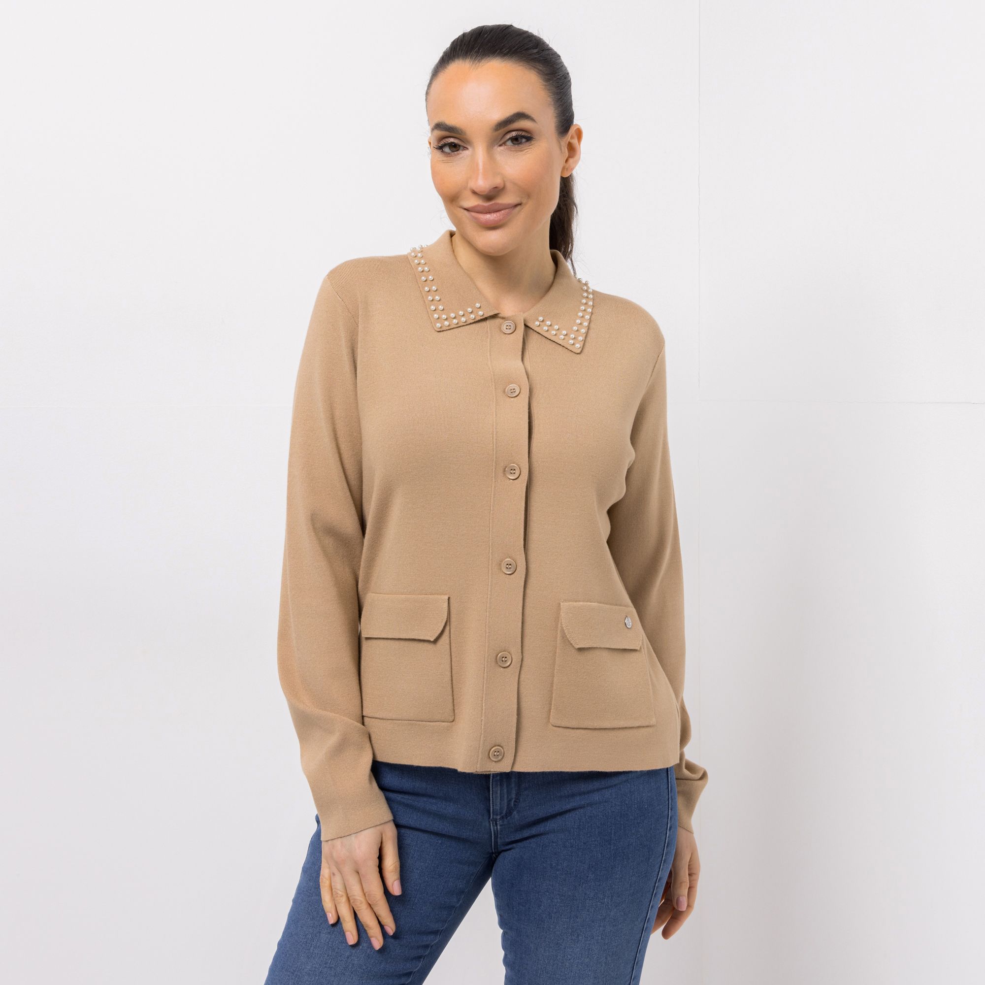 EVA LUTZ Cardigan Kragen mit Perlen figurumspielend