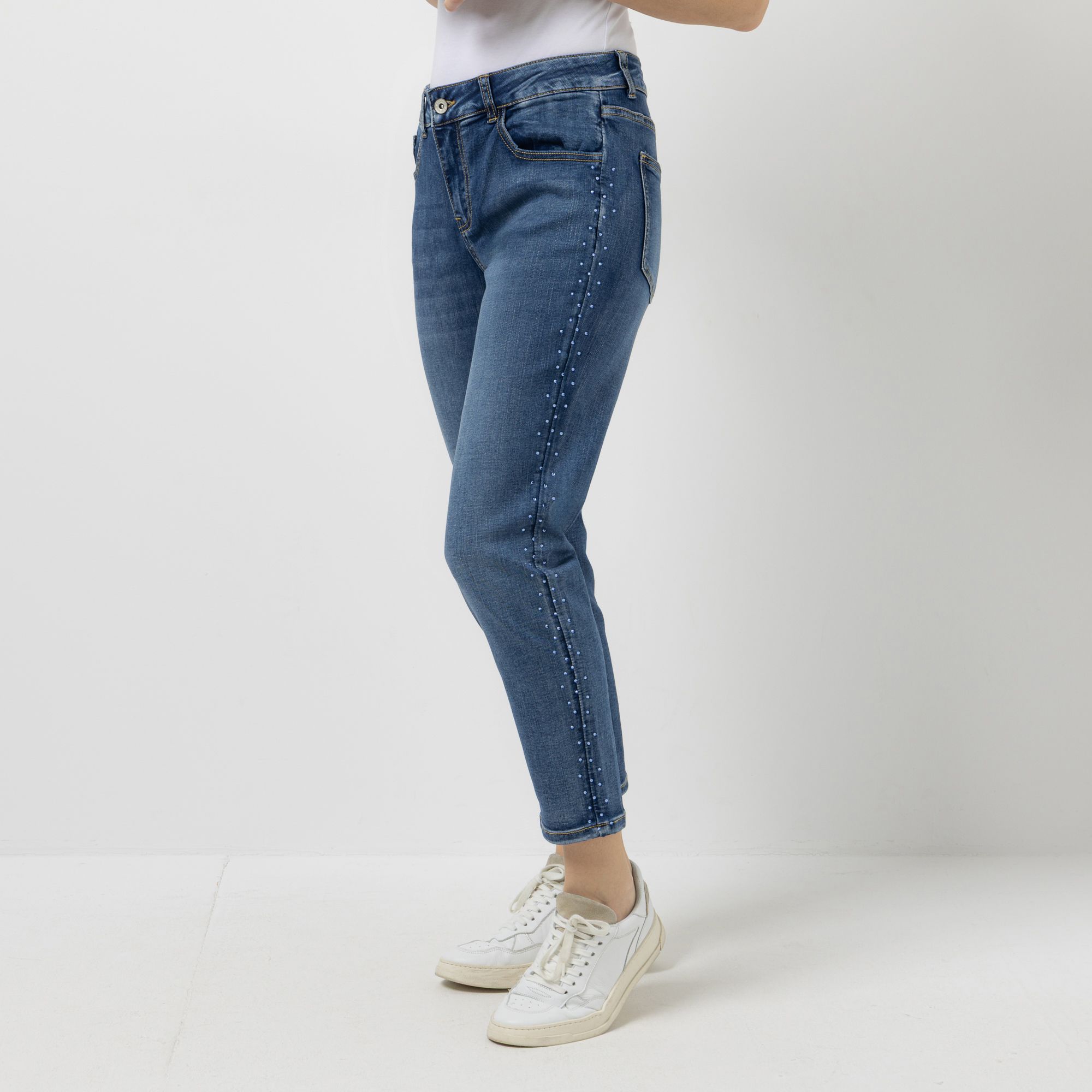 DINE 'N' DANCE Jeanshose Boyfriend knöchellang Strassdekoration konisches Bein