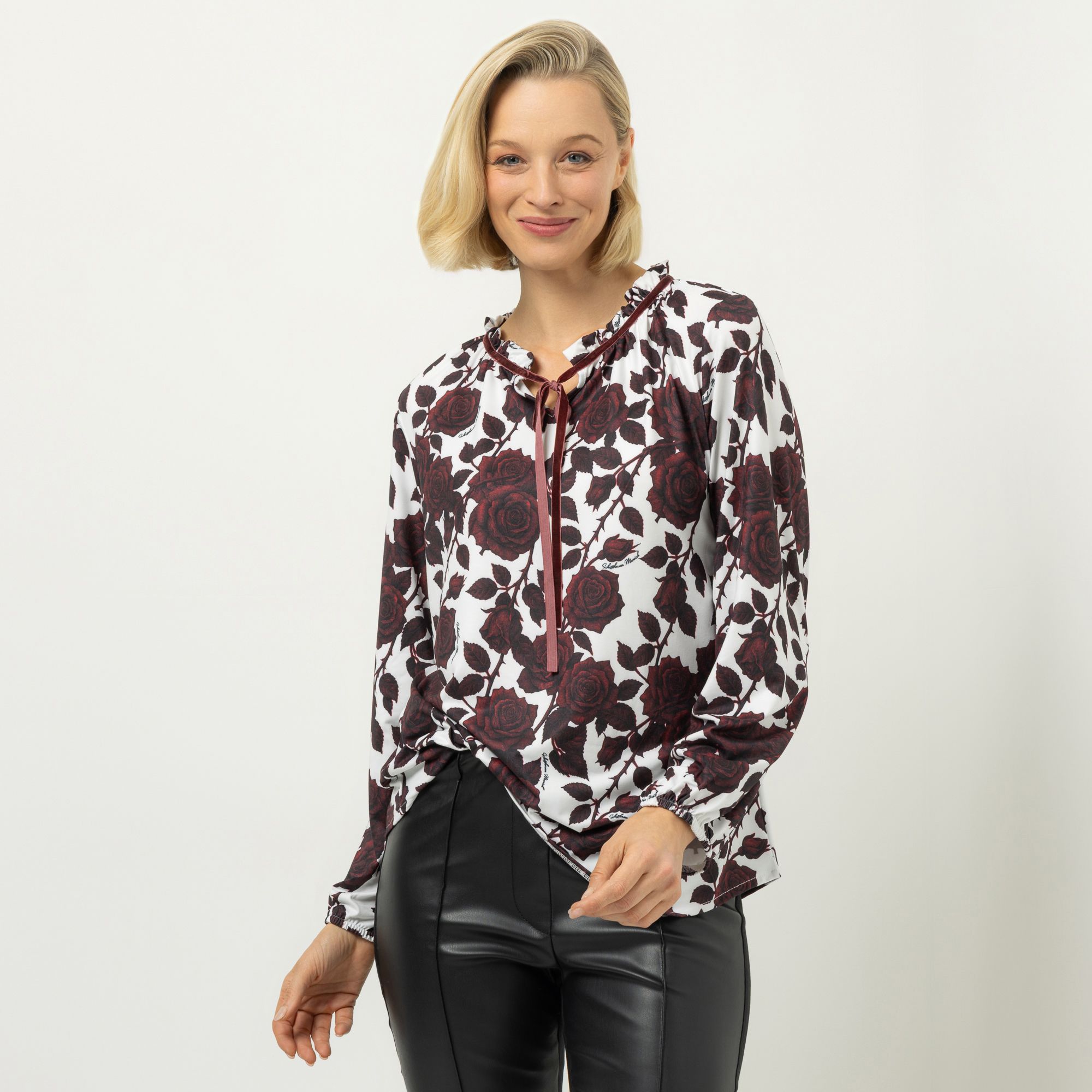 SCHIFFHAUER MUNICH® Blusenshirt, langarm Samtschleife bedruckt figurumspielend
