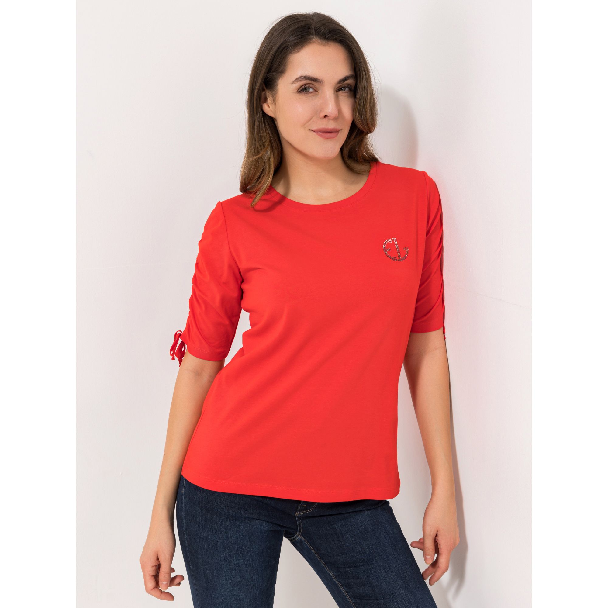 EVA LUTZ Shirt, 1/2-Arm mit Raffung Strass-Logo figurumspielend