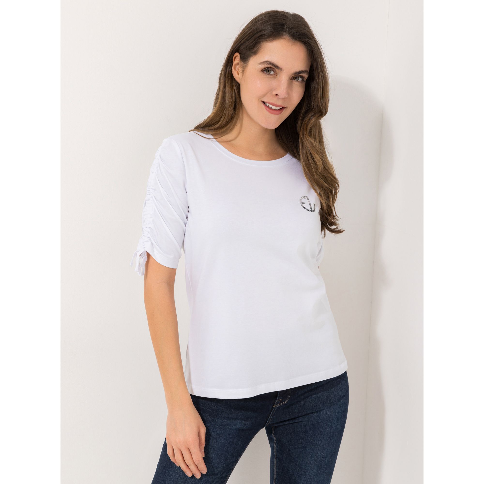 EVA LUTZ Shirt, 1/2-Arm mit Raffung Strass-Logo figurumspielend