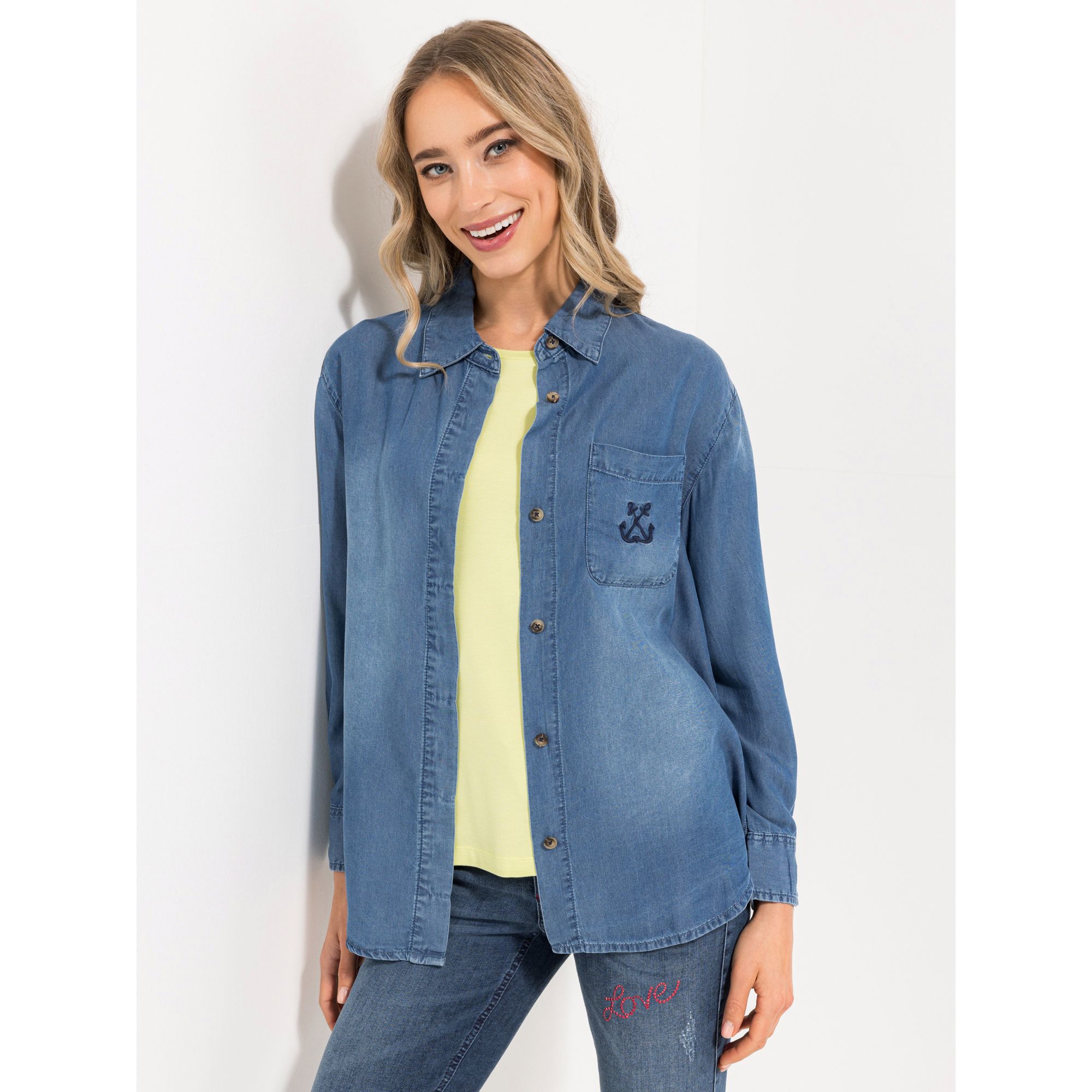 STRANDFEIN Bluse Hemdblusenkragen Denim-Optik legere Passform