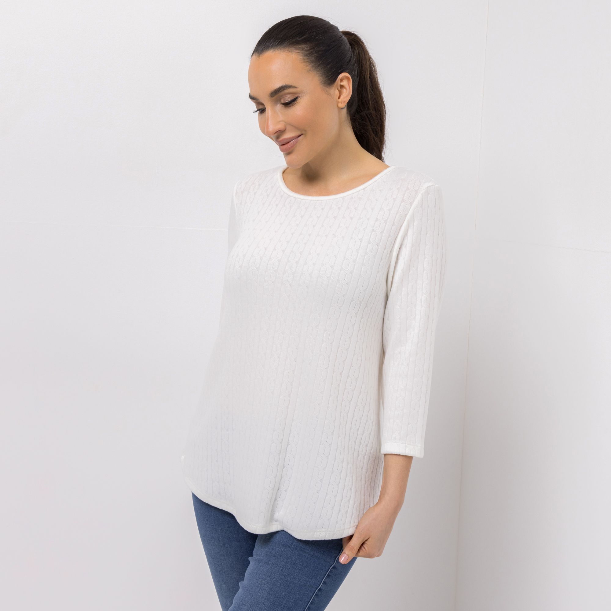 KIM & CO. Shirt, 3/4 Arm Zopfmuster Rundhalsausschnitt figurumspielend