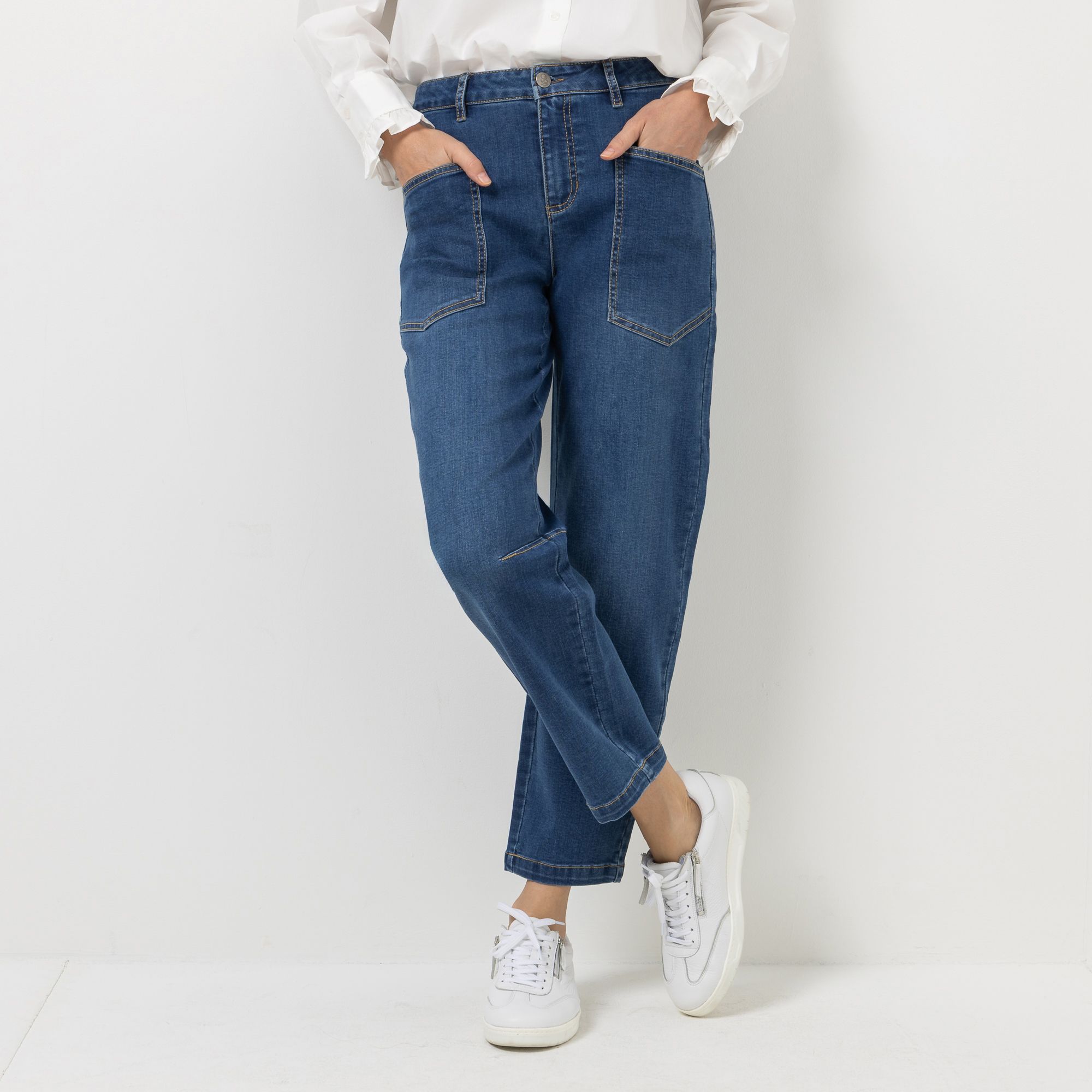STRANDFEIN Jeanshose knöchellang aufgesetzte Taschen Barrel-Style