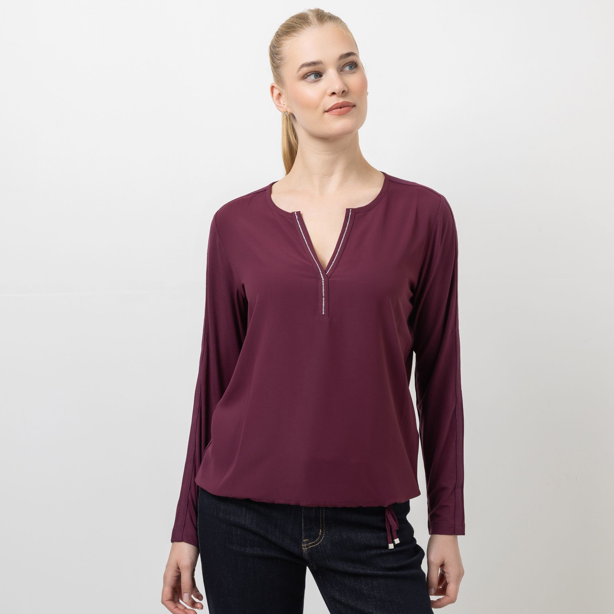 STEFFEN SCHRAUT Blusenshirt, langarm Kordelzug am Saum Steindekoration aus ECOVERO™ Viskose