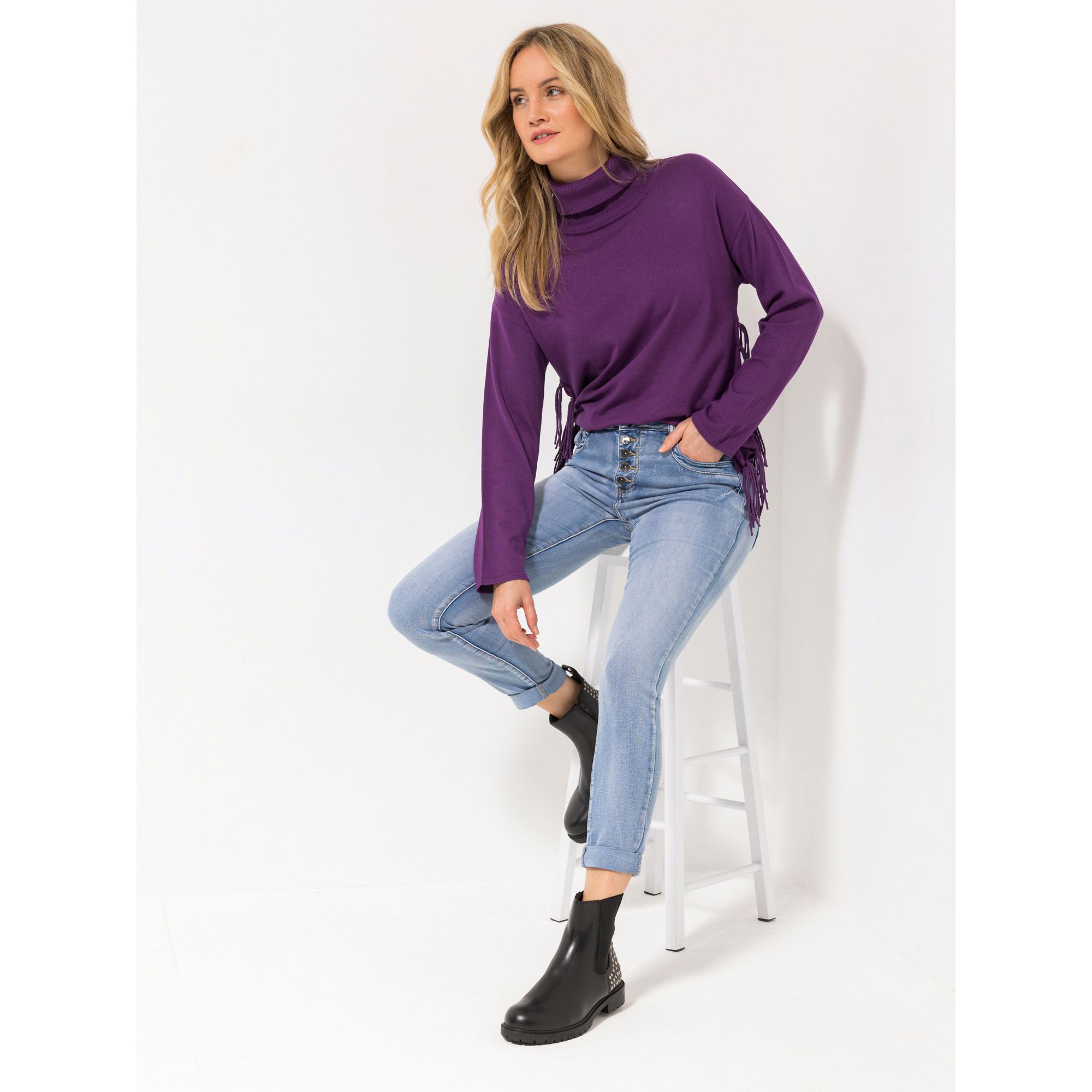 DINE 'N' DANCE Jeanshose Jive 5-Pocket-Style Strasssteinknopf knöchellang