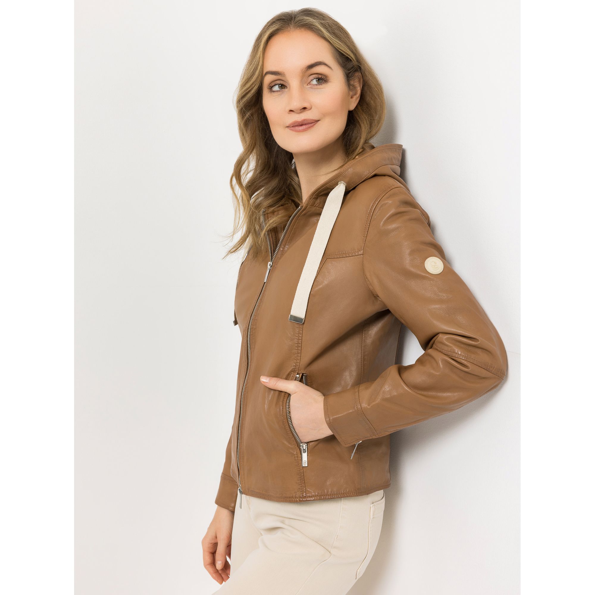 STRANDFEIN Lederjacke Lammnappa Lederkapuze figurumspielend