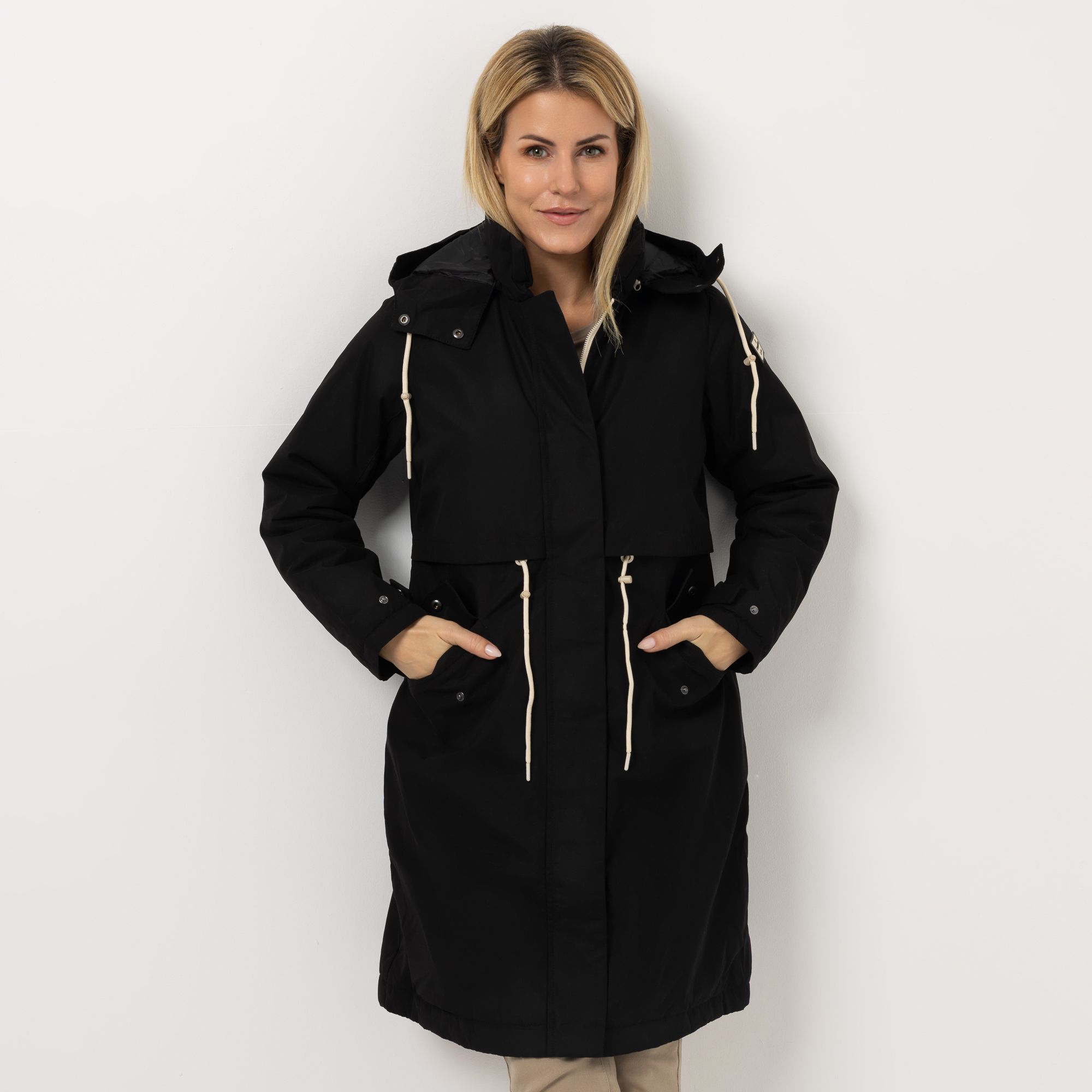 STRANDFEIN Trenchcoat wasserabweisend abnehmbare Kapuze figurumspielend