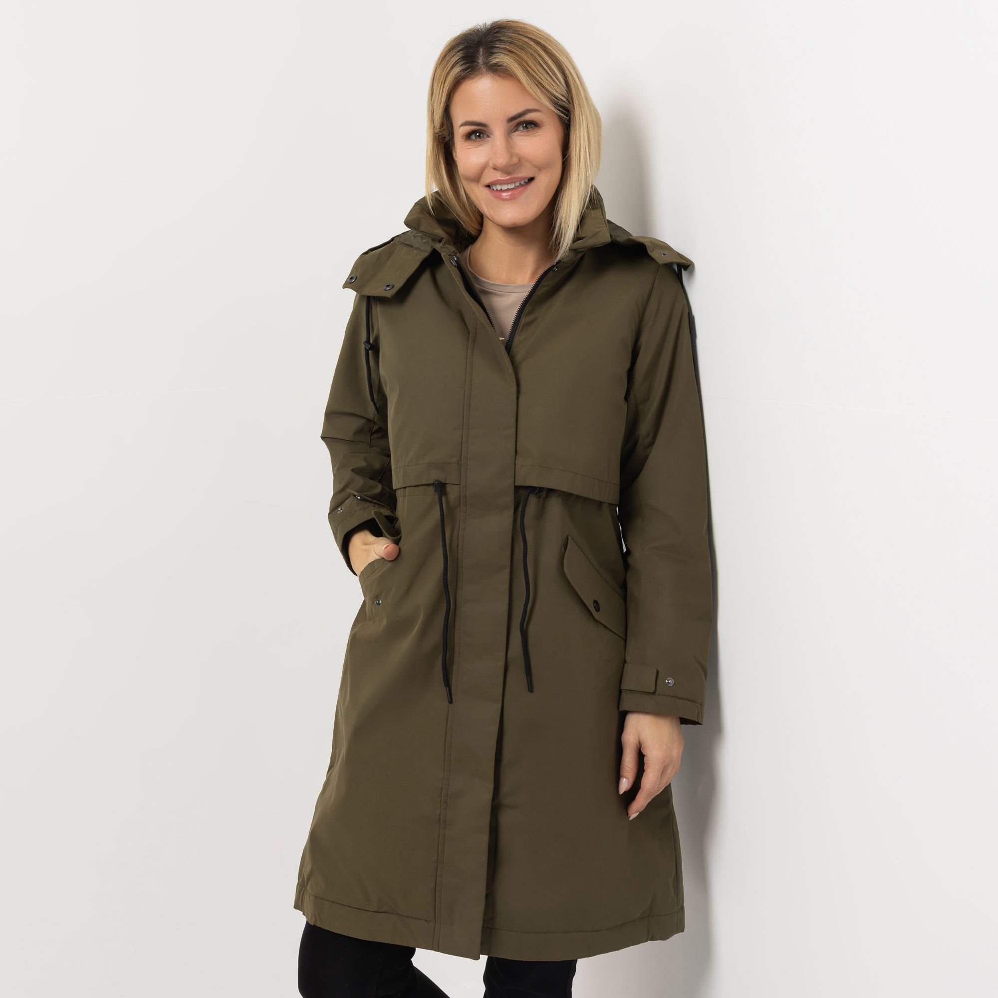 STRANDFEIN Trenchcoat wasserabweisend abnehmbare Kapuze figurumspielend