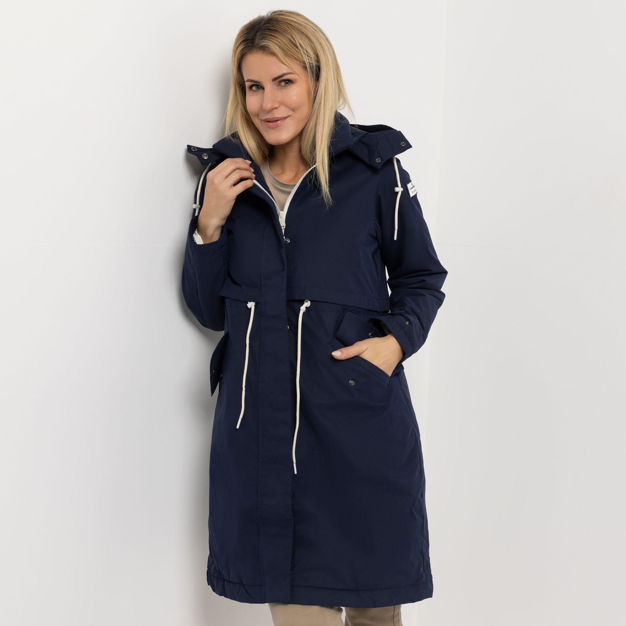 STRANDFEIN Trenchcoat wasserabweisend abnehmbare Kapuze figurumspielend