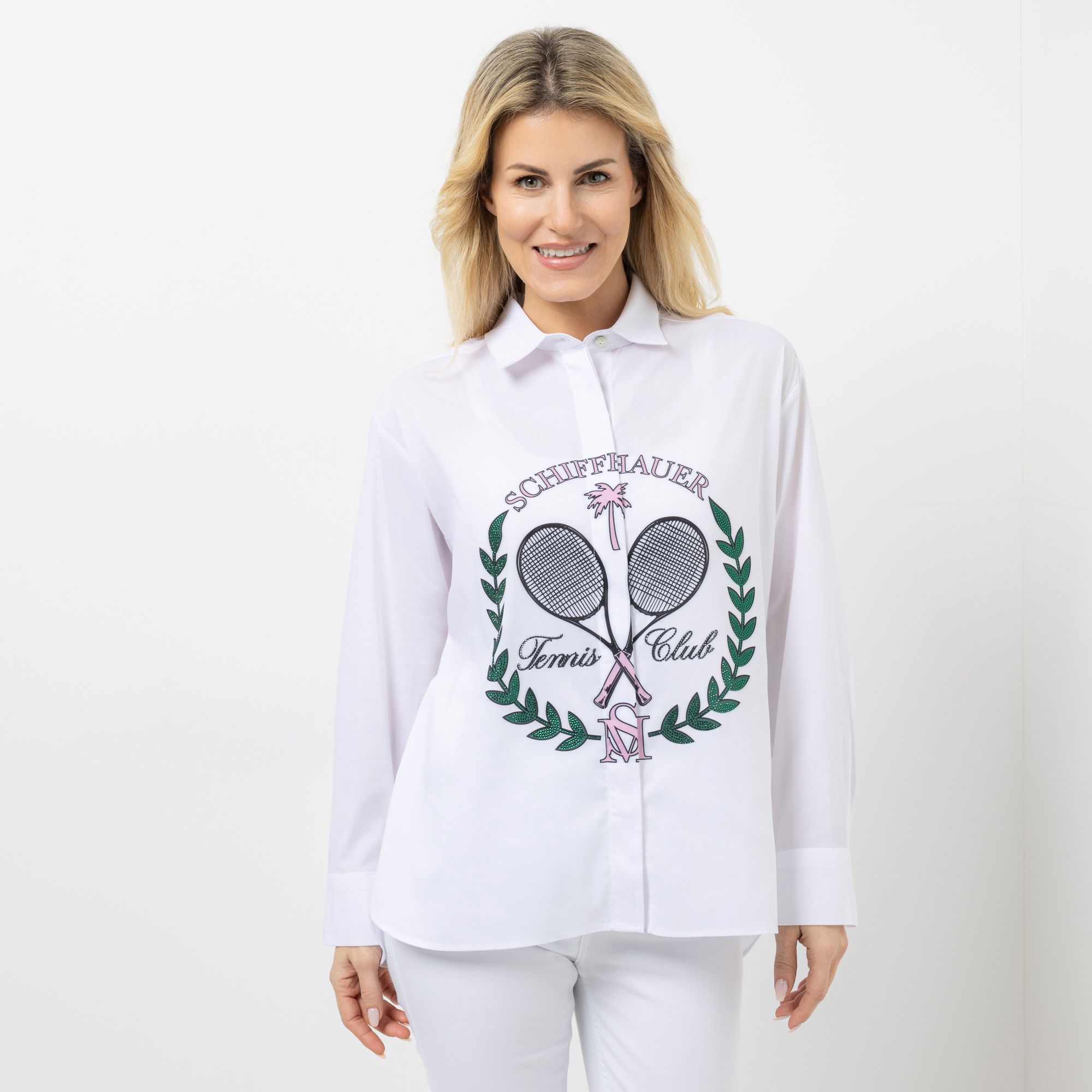 SCHIFFHAUER MUNICH® Bluse Hemdkragen Strassapplikation figurumspielend