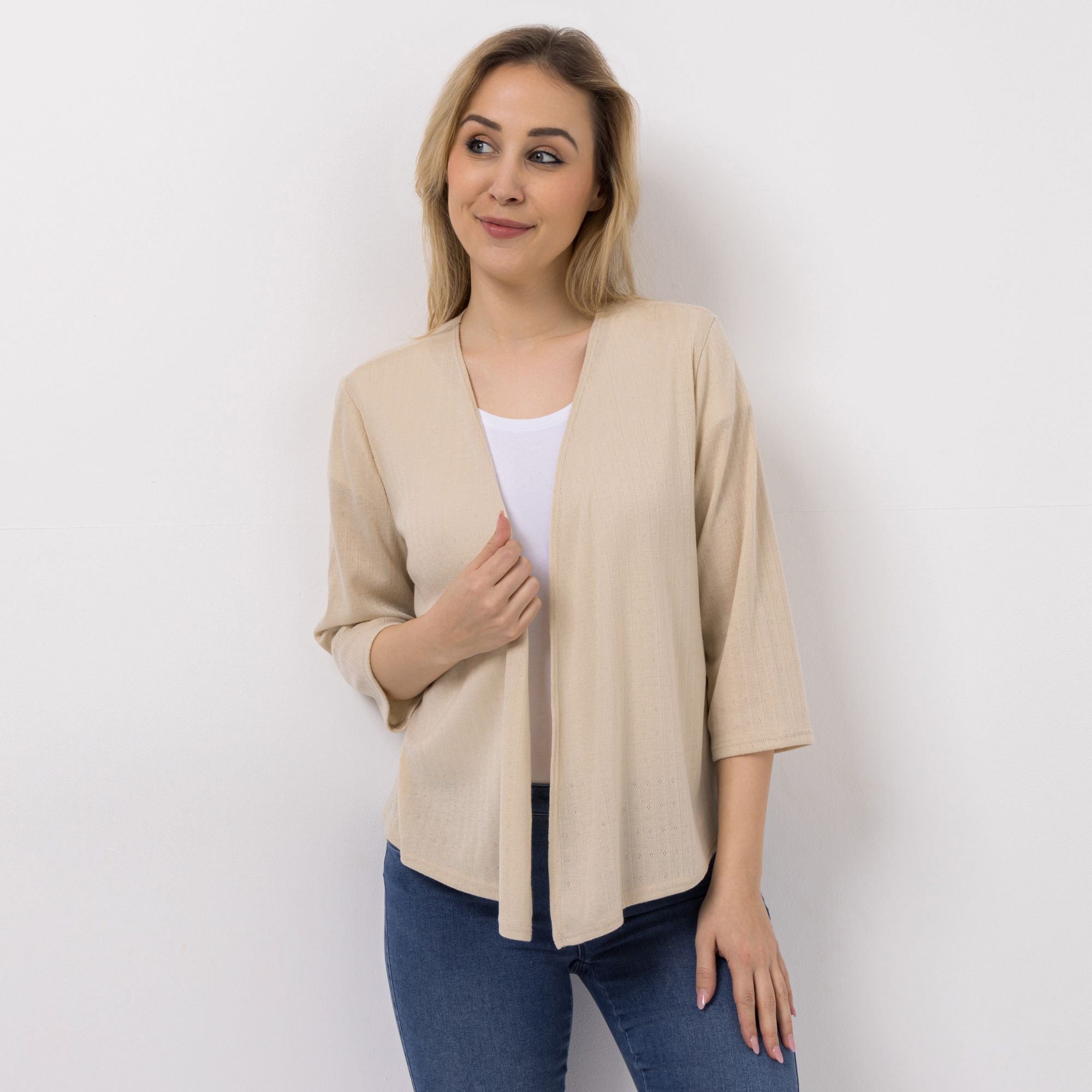 KIM & CO. Cardigan, 3/4-Arm Ajour-Jersey offene Front figurumspielend