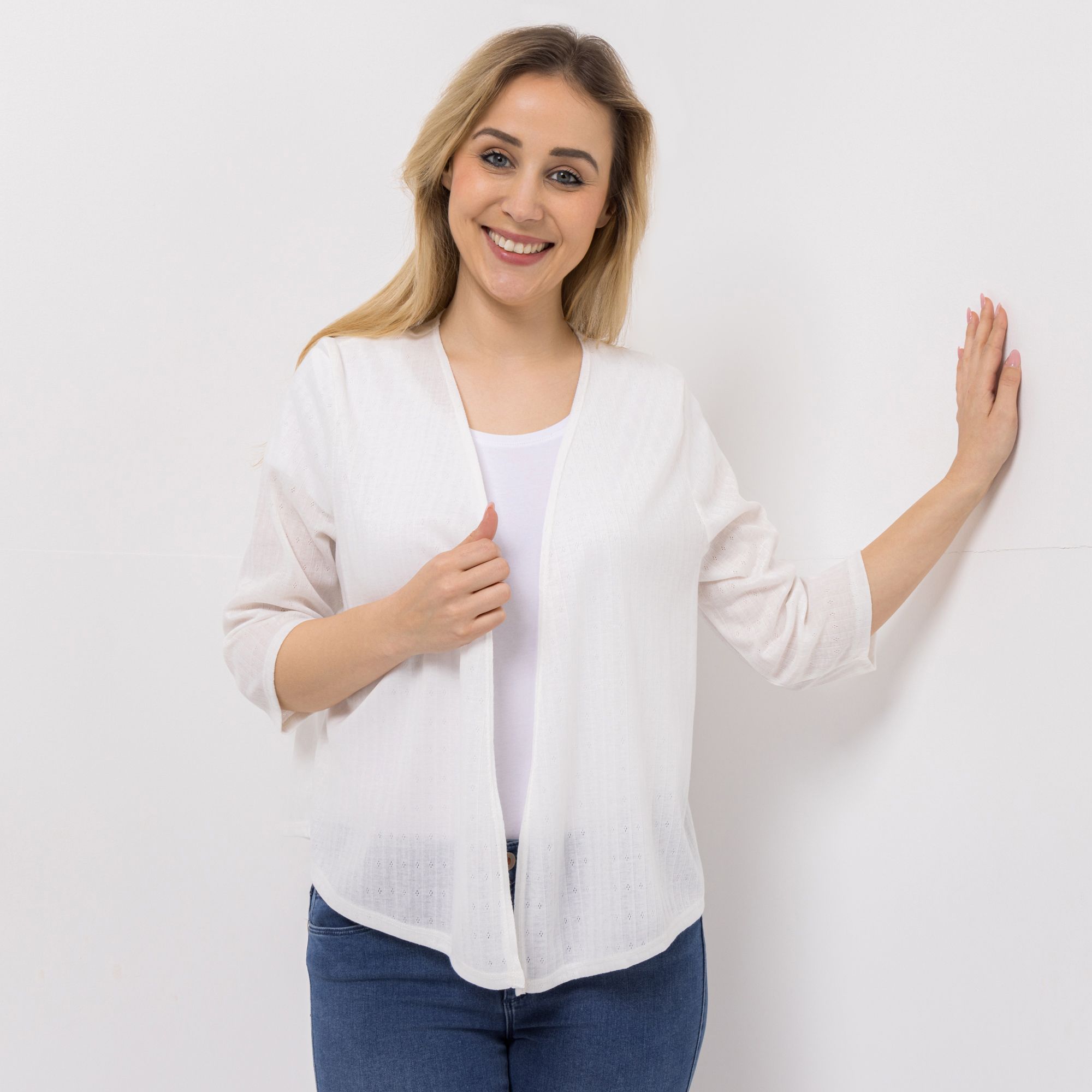 KIM & CO. Cardigan, 3/4-Arm Ajour-Jersey offene Front figurumspielend