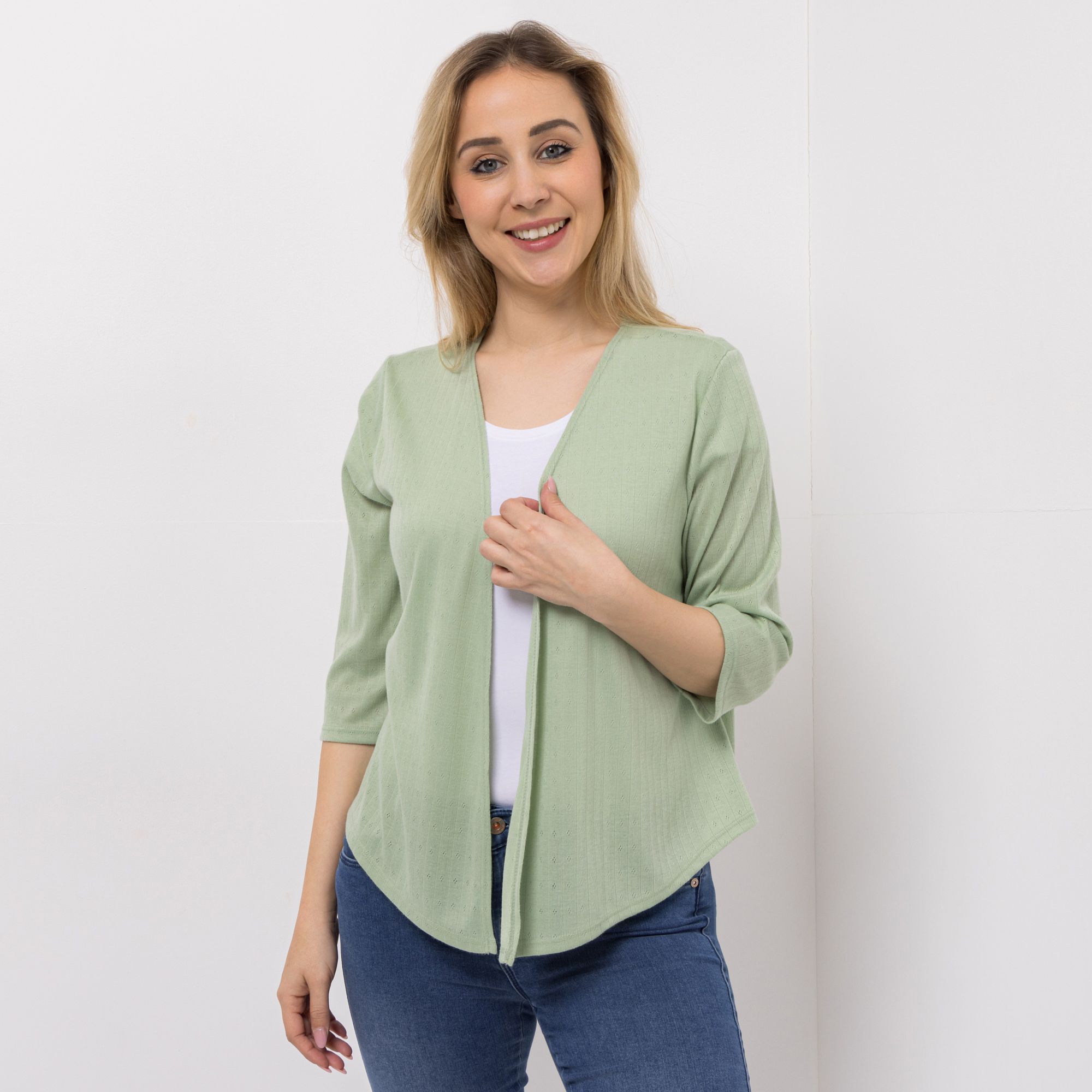 KIM & CO. Cardigan, 3/4-Arm Ajour-Jersey offene Front figurumspielend