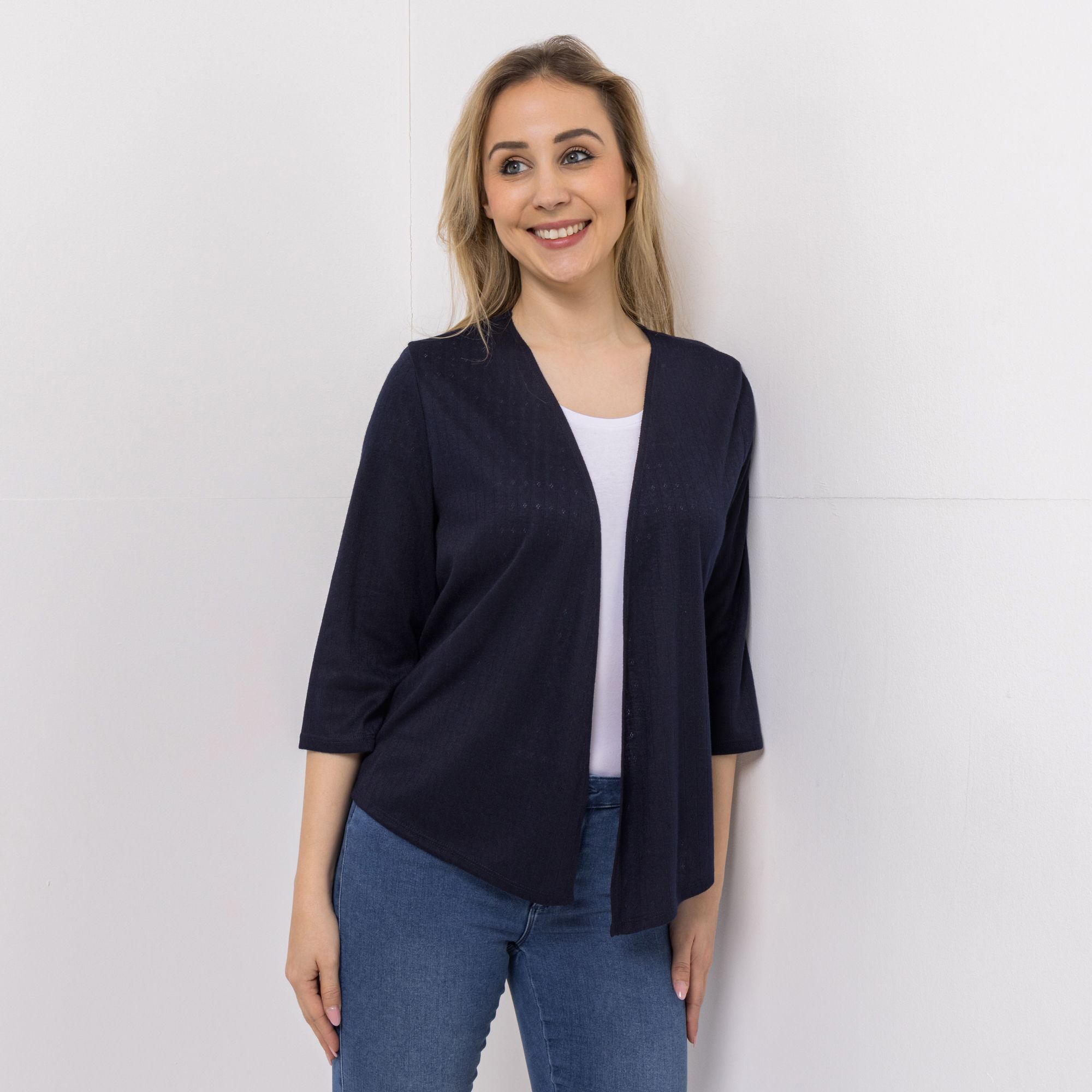KIM & CO. Cardigan, 3/4-Arm Ajour-Jersey offene Front figurumspielend