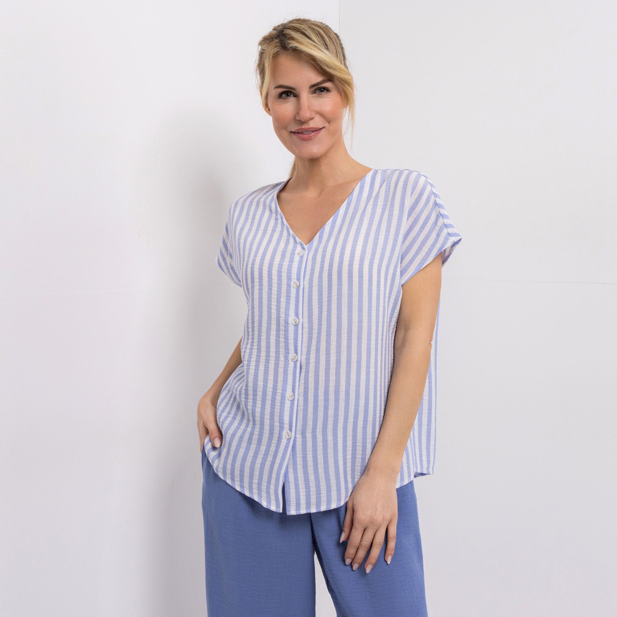 KIM & CO. Bluse, 1/2-Arm Leinen-Optik Knopfleiste figurumspielend