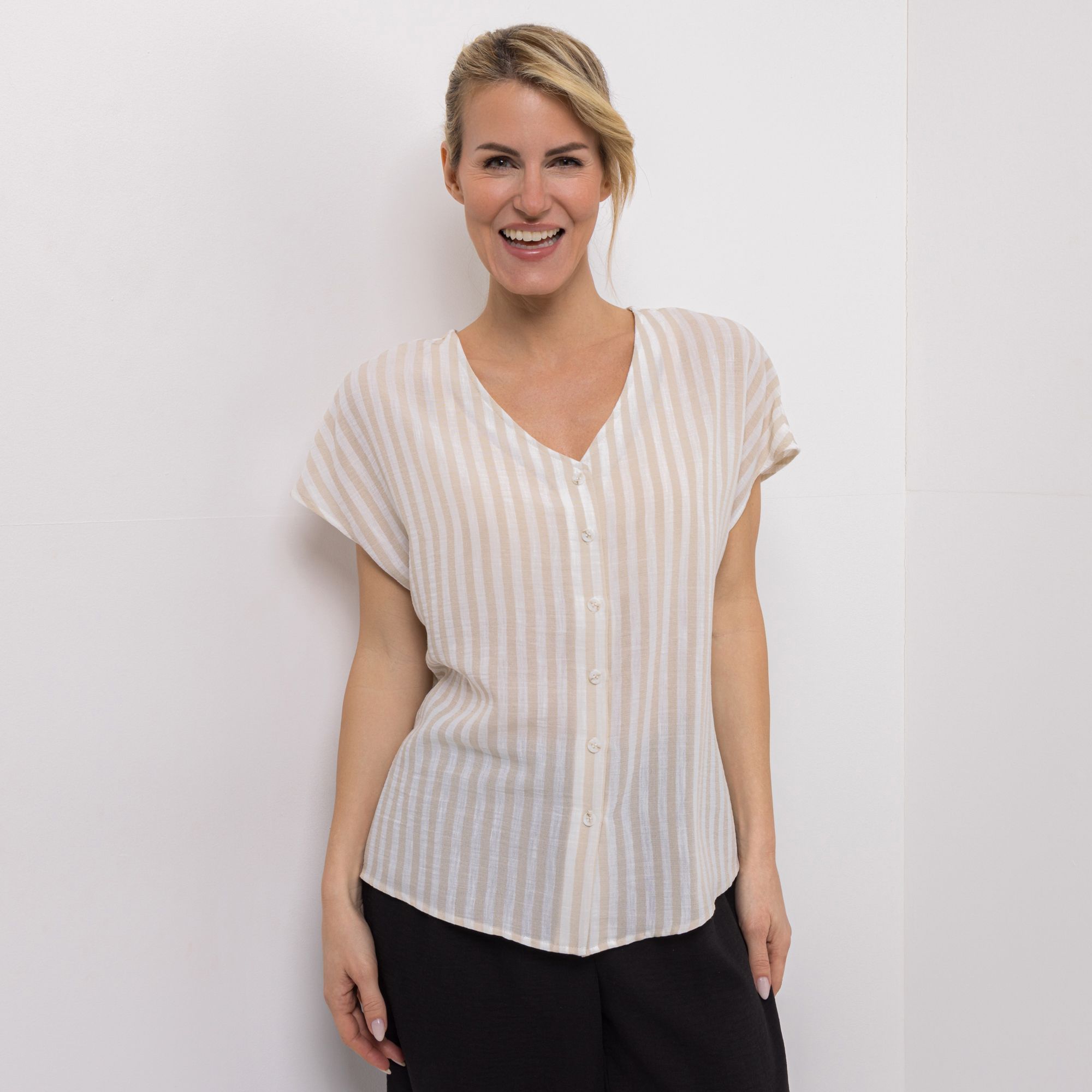 KIM & CO. Bluse, 1/2-Arm Leinen-Optik Knopfleiste figurumspielend