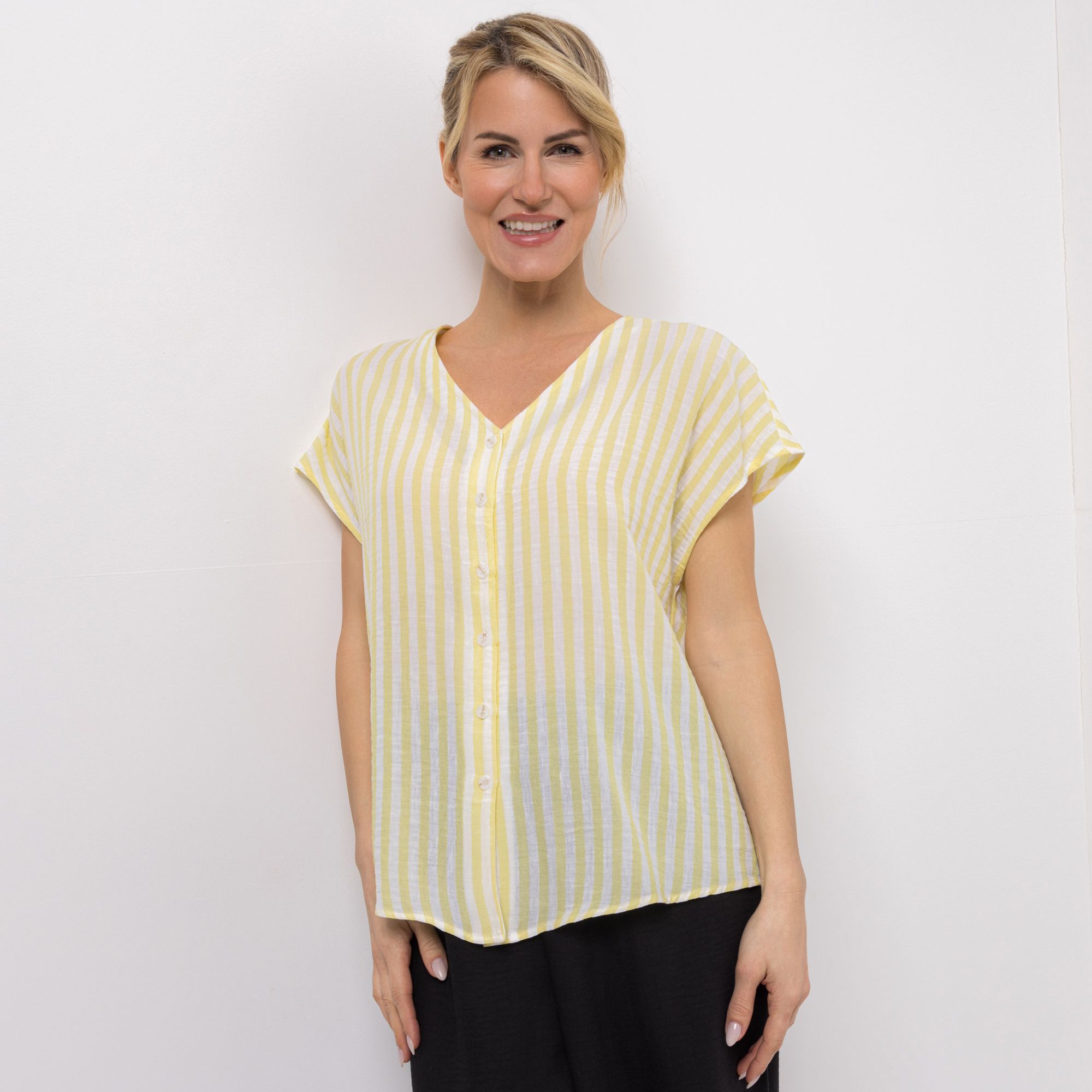 KIM & CO. Bluse, 1/2-Arm Leinen-Optik Knopfleiste figurumspielend