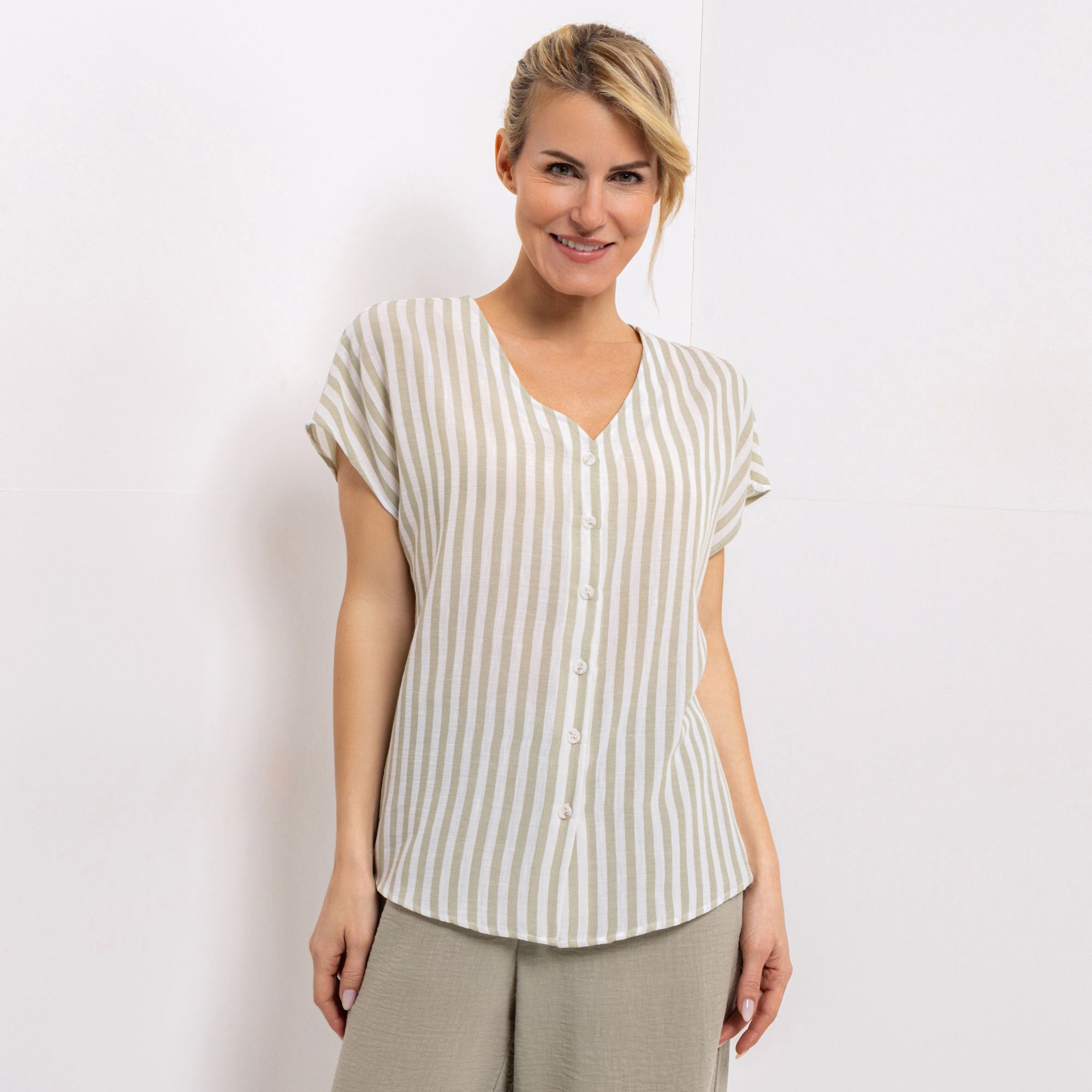 KIM & CO. Bluse, 1/2-Arm Leinen-Optik Knopfleiste figurumspielend