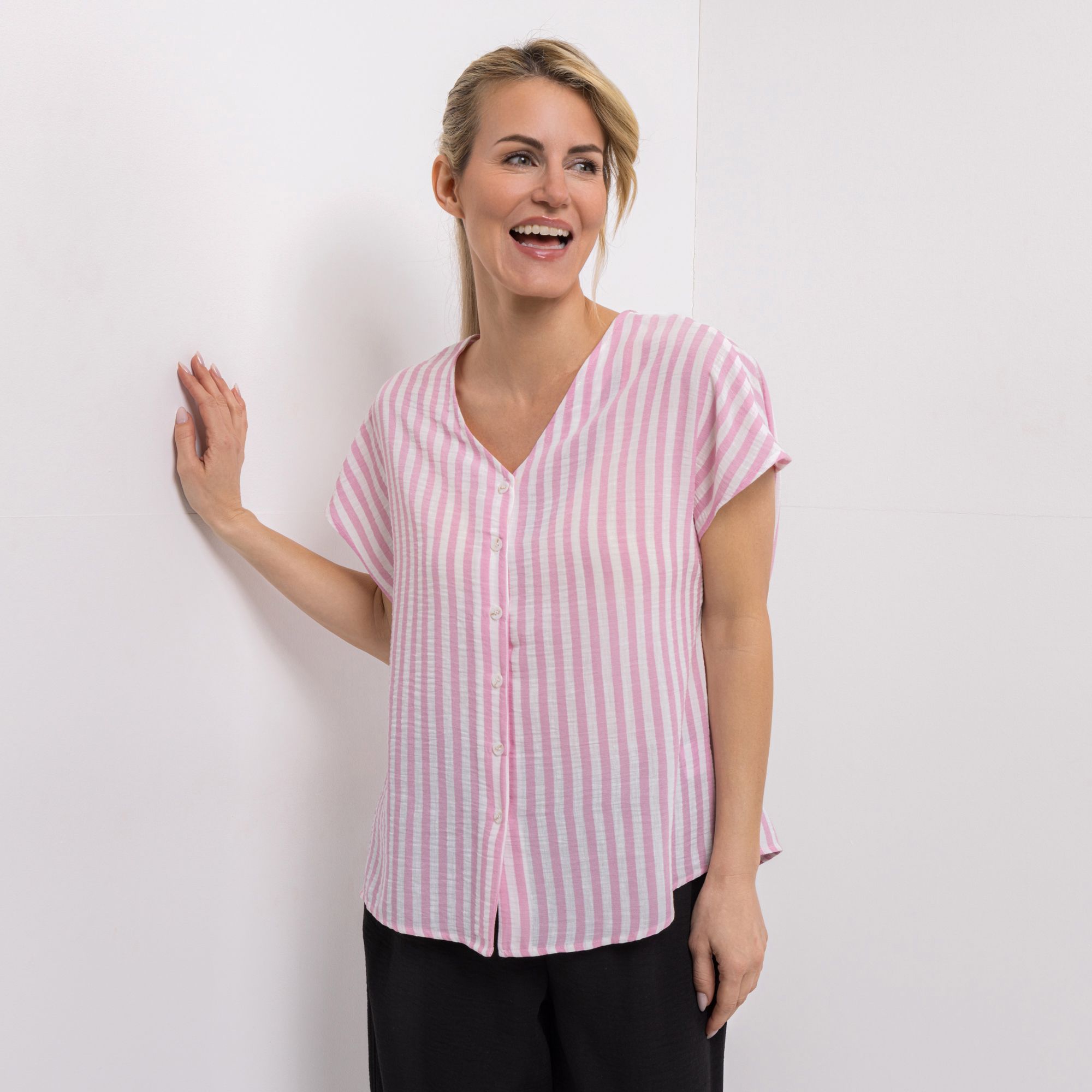 KIM & CO. Bluse, 1/2-Arm Leinen-Optik Knopfleiste figurumspielend