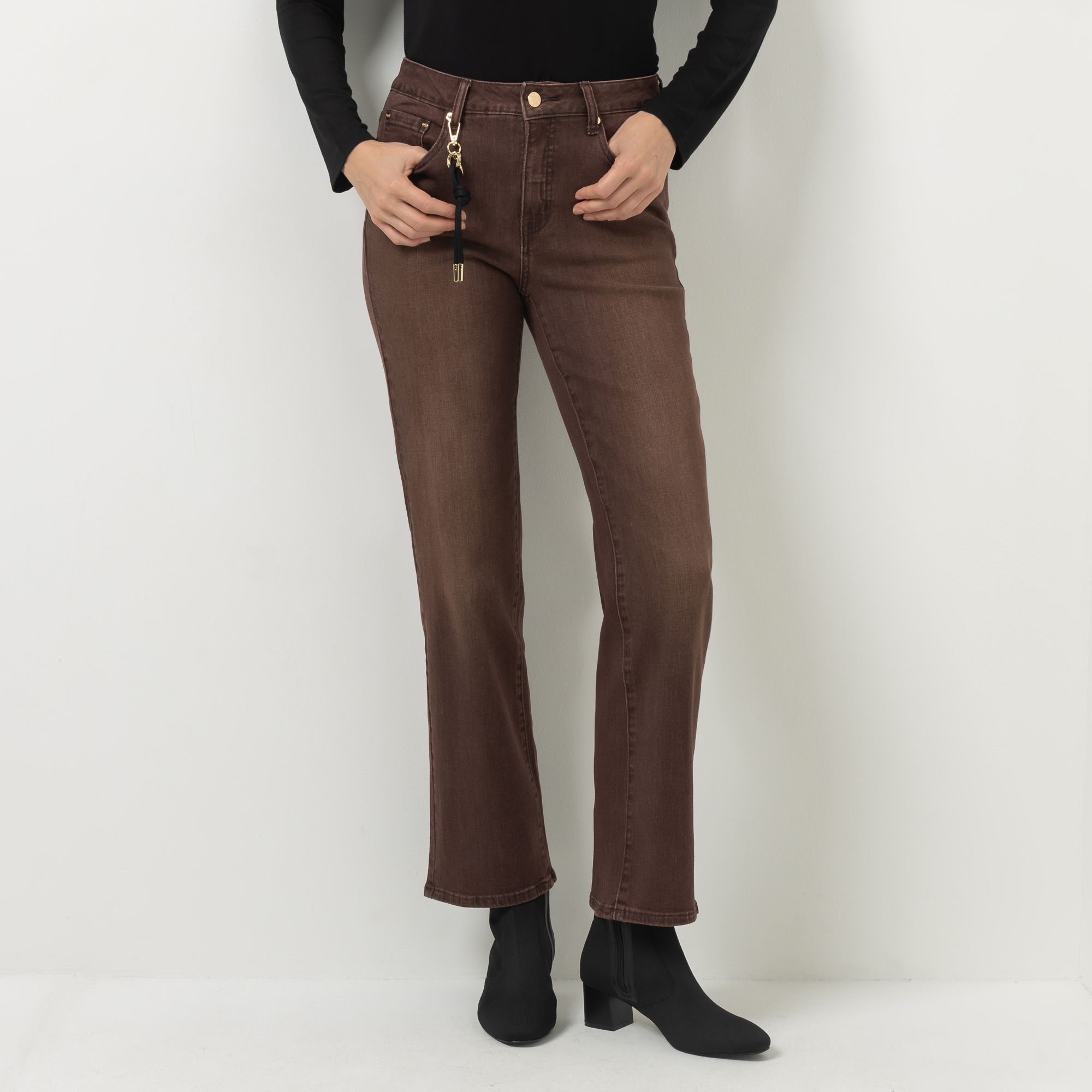 STRANDFEIN Jeanshose, lange Form 5-Pocket-Style mit Schlüsselanhänger gerades Bein