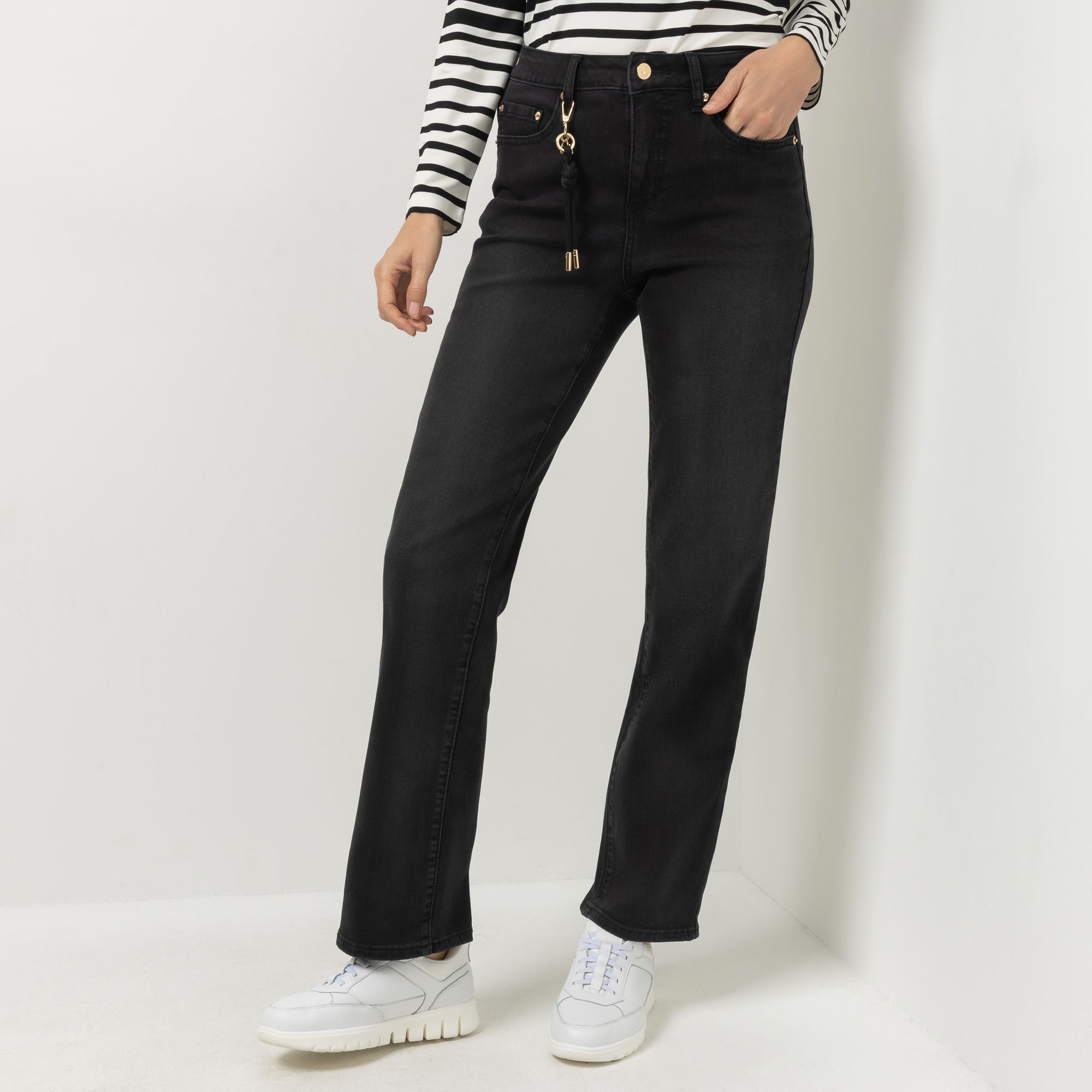 STRANDFEIN Jeanshose, lange Form 5-Pocket-Style mit Schlüsselanhänger gerades Bein