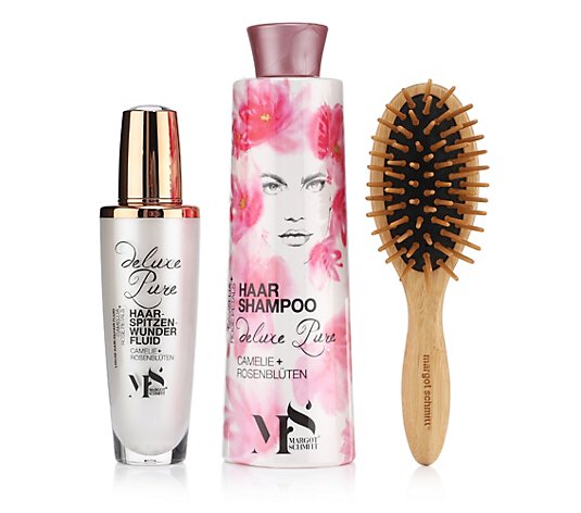 MARGOT SCHMITT® Camelie & Rosenblüten Shampoo 350ml, Haarspitzenwunder Fluid 50ml & Bürste
