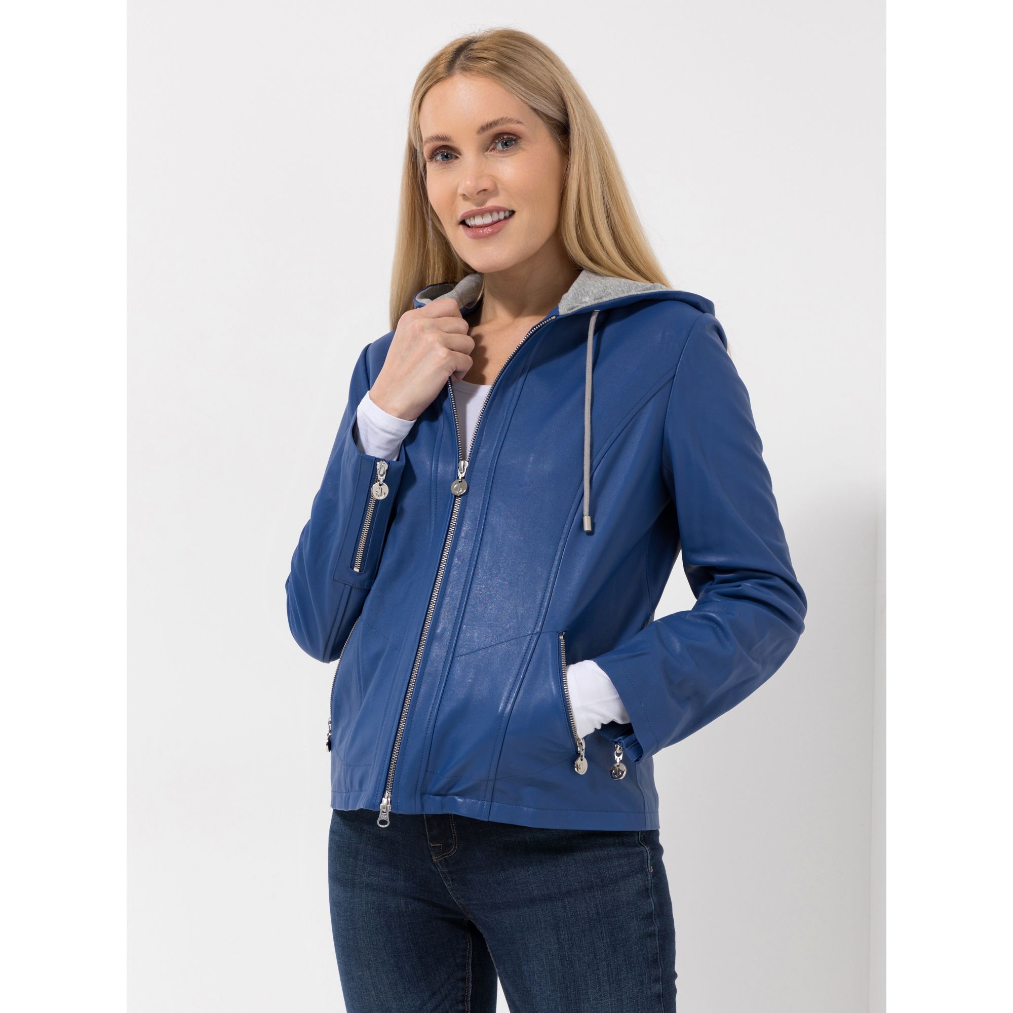 EVA LUTZ Lederjacke, Kapuze Jerseyfutter Reißverschluss figurumspielend