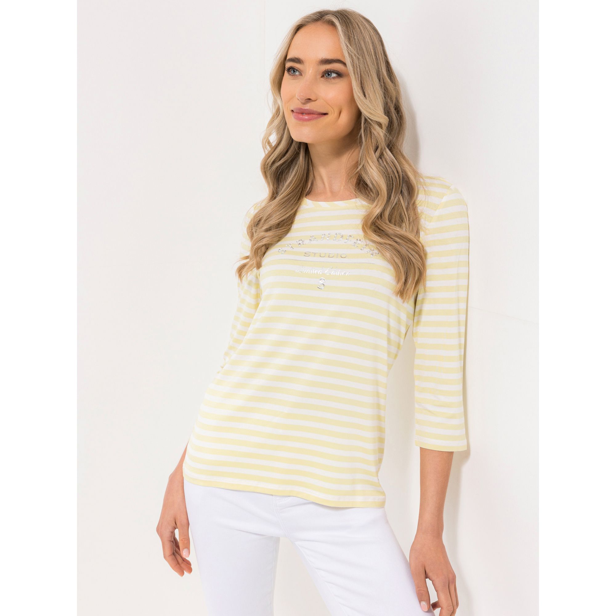 STRANDFEIN Ringelshirt, 3/4-Arm Rundhalsausschnitt Perlen-Logo figurumspielend