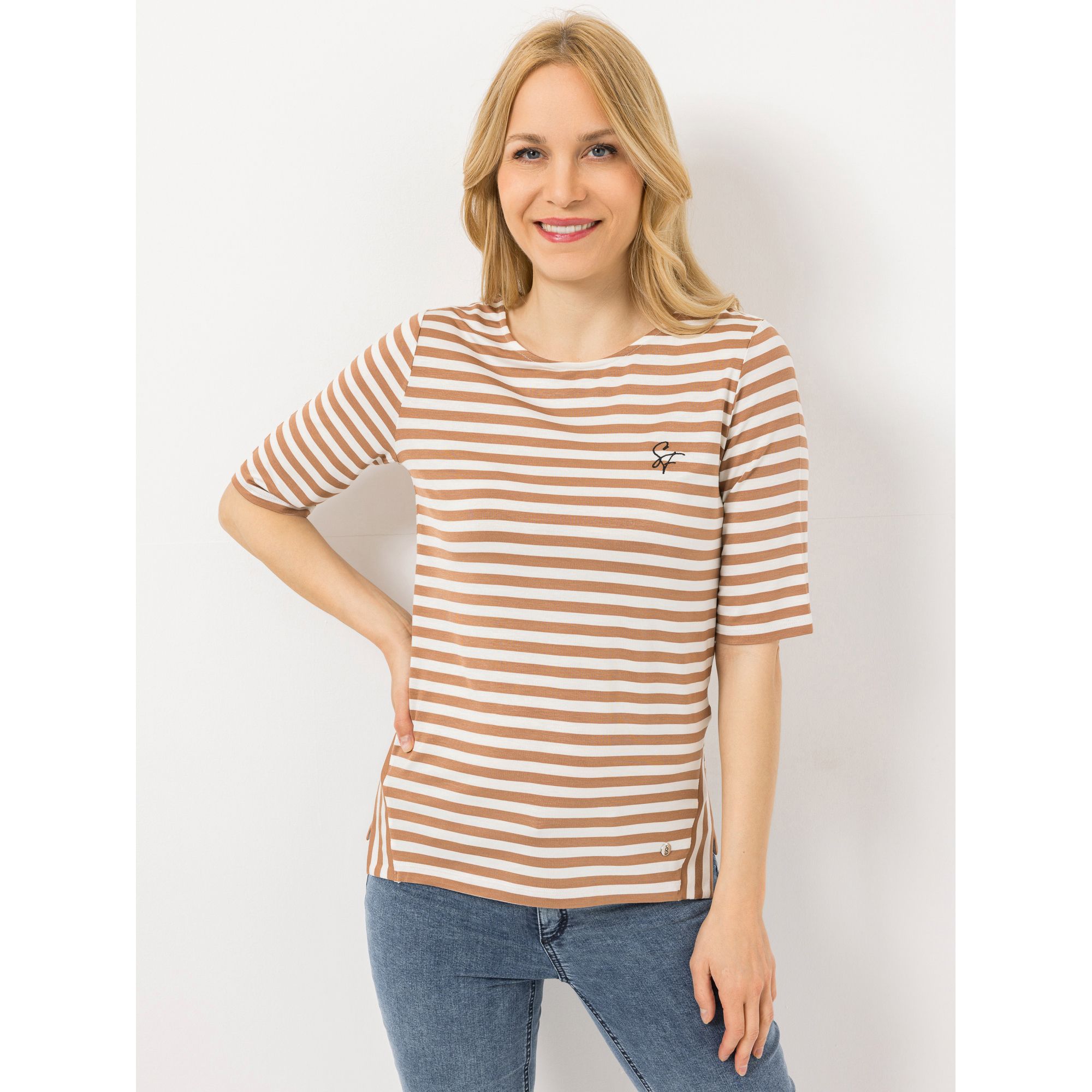 STRANDFEIN Streifenshirt,1/2-Arm Rundhalsausschnitt Logostickerei Seitenschlitze