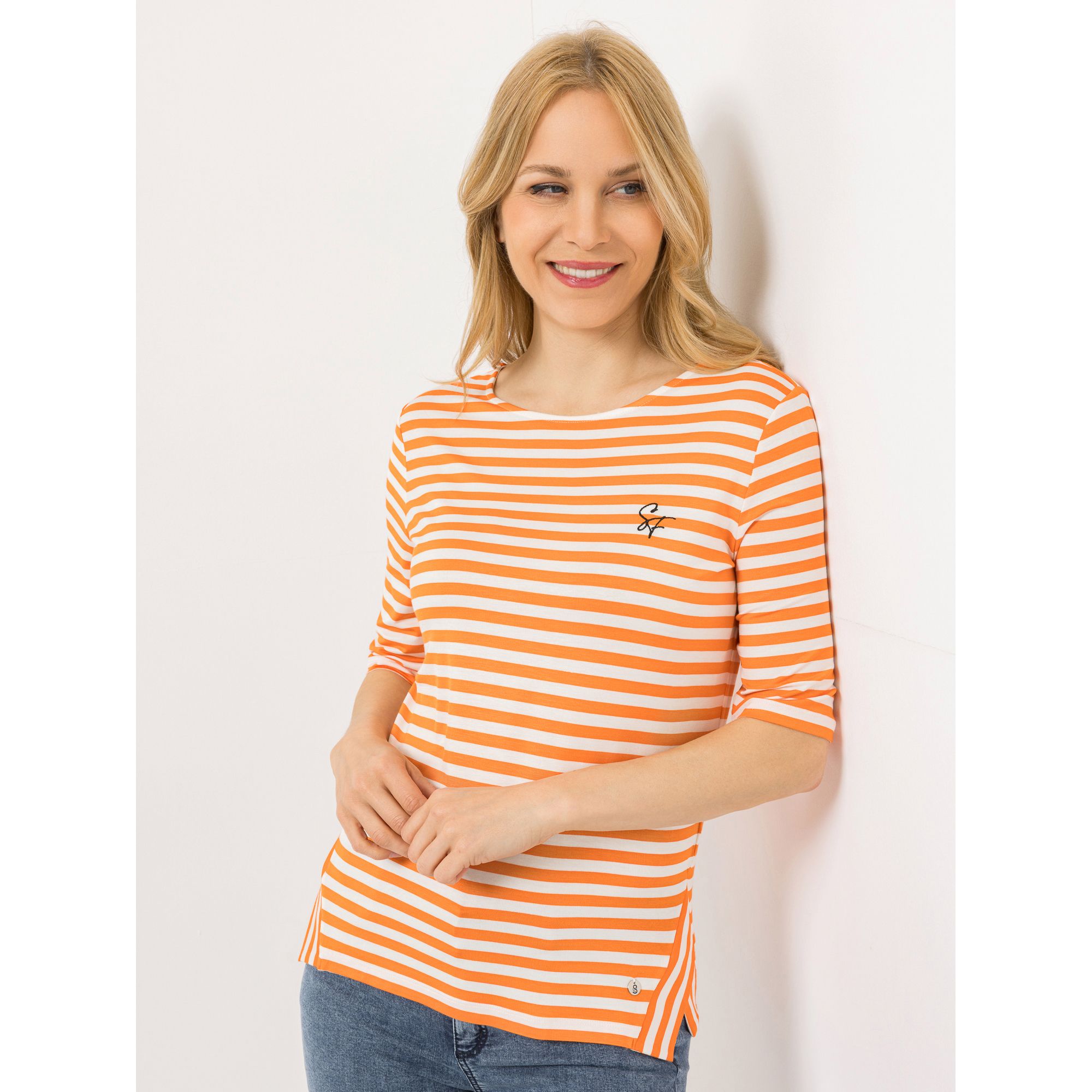 STRANDFEIN Streifenshirt,1/2-Arm Rundhalsausschnitt Logostickerei Seitenschlitze